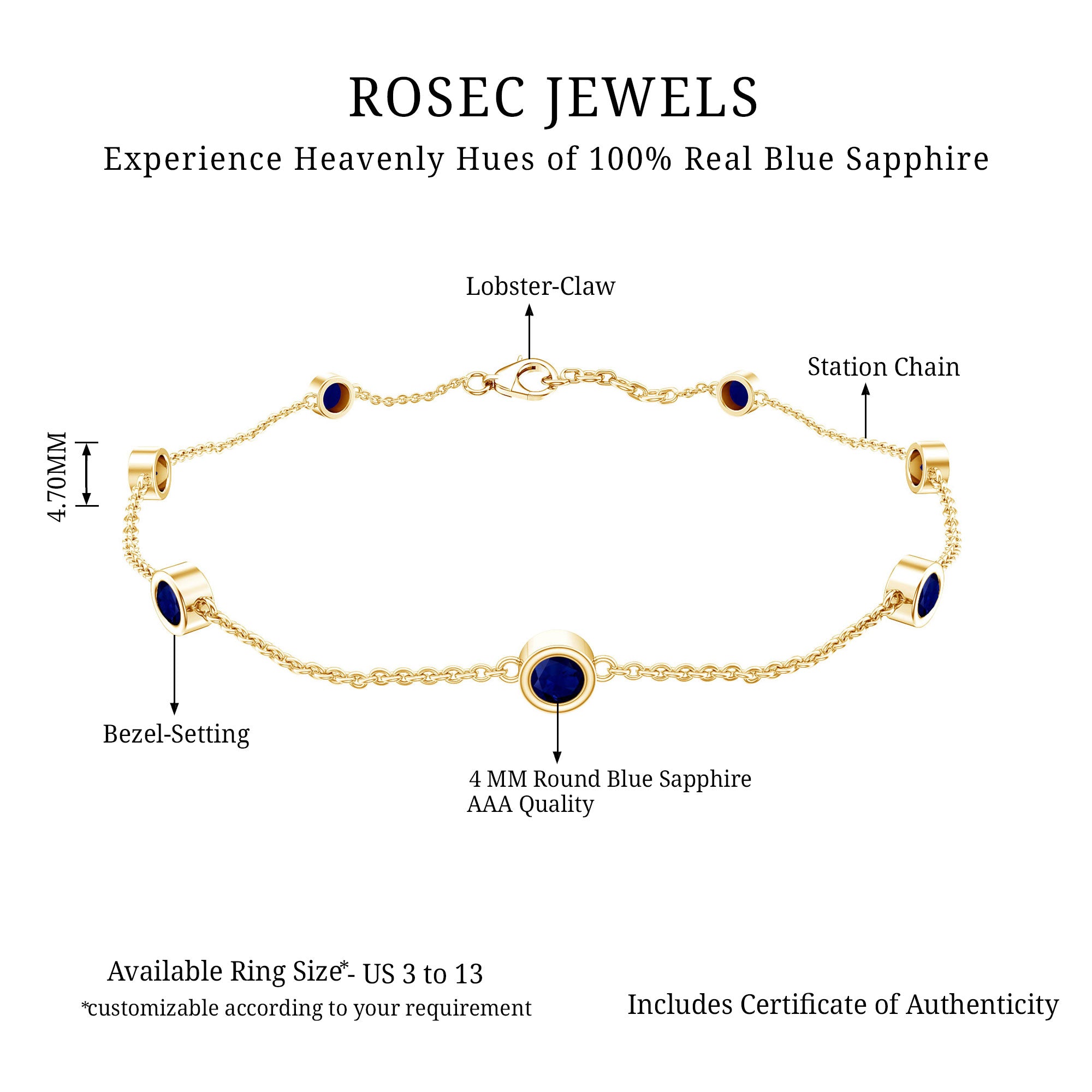 Natural Blue Sapphire 7 Stone Station Chain Bracelet AAA - Rosec Jewels