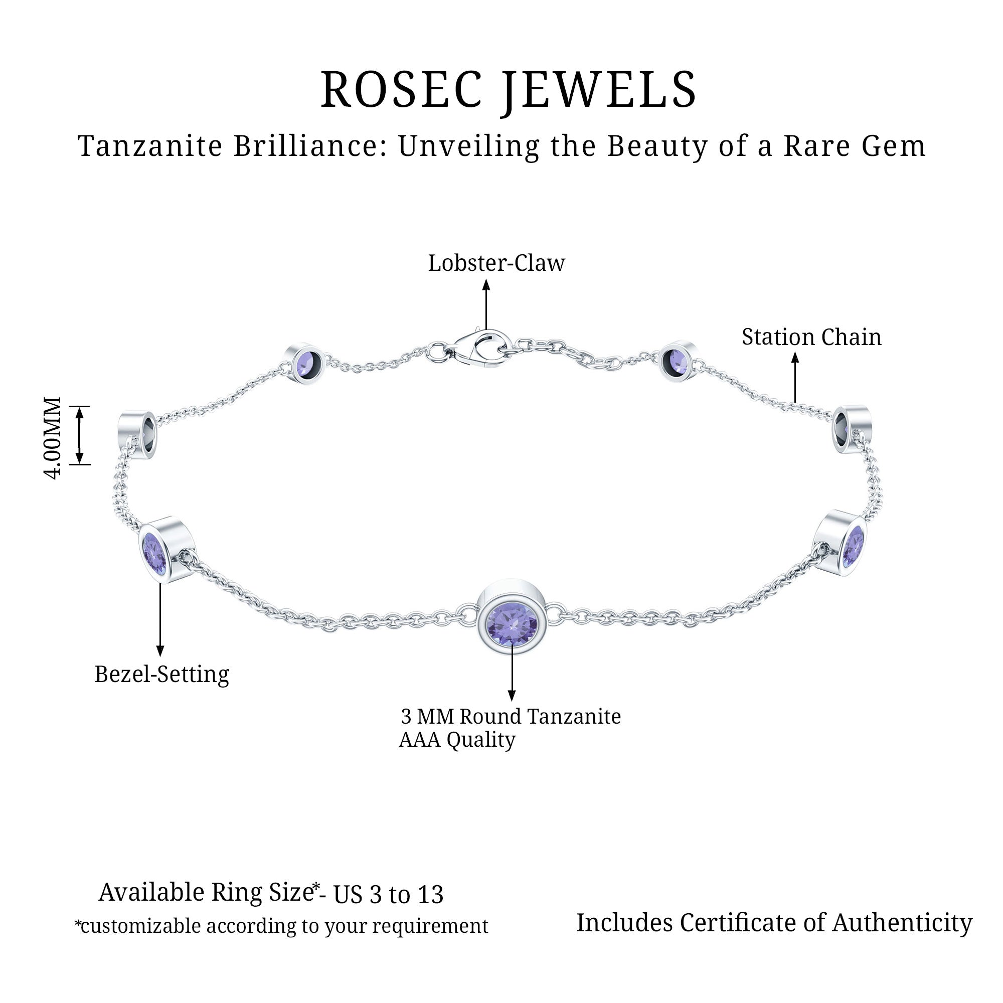 Certified Natural Tanzanite Chain Bracelet for Her AAA - Rosec Jewels