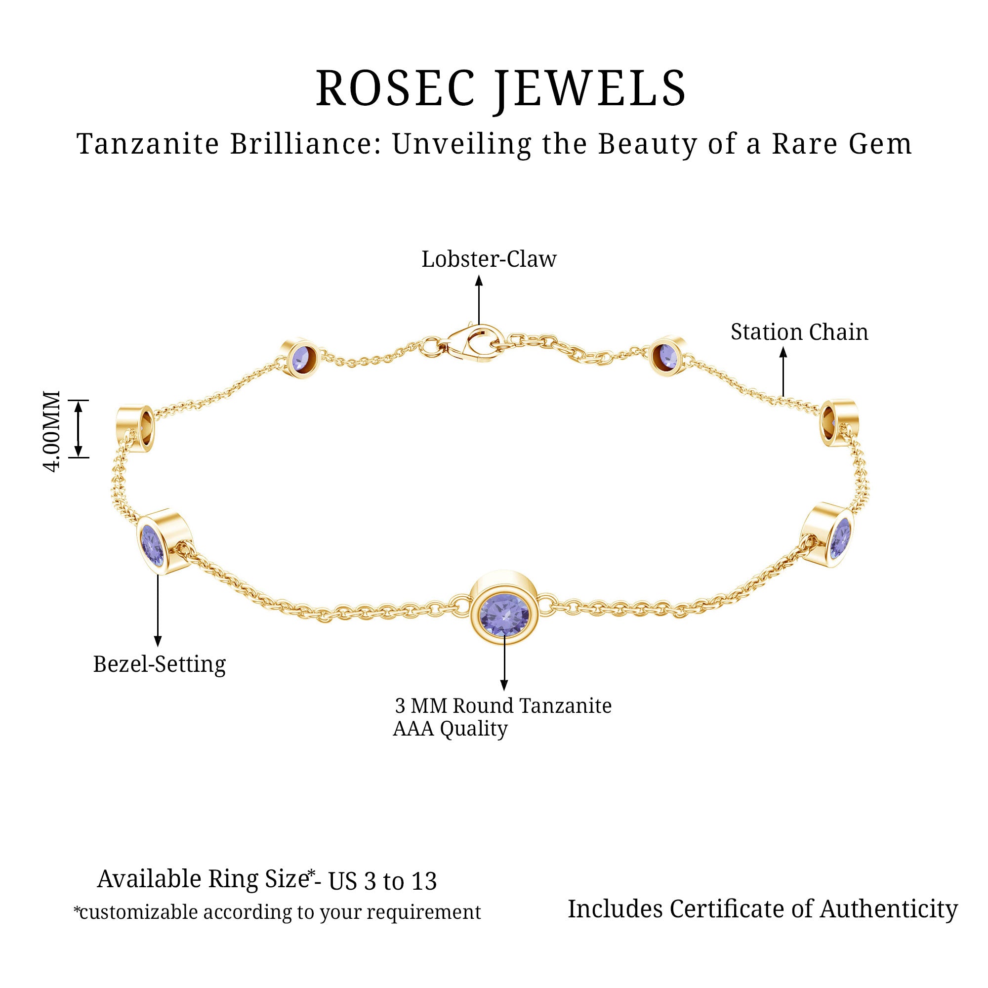 Certified Natural Tanzanite Chain Bracelet for Her AAA - Rosec Jewels