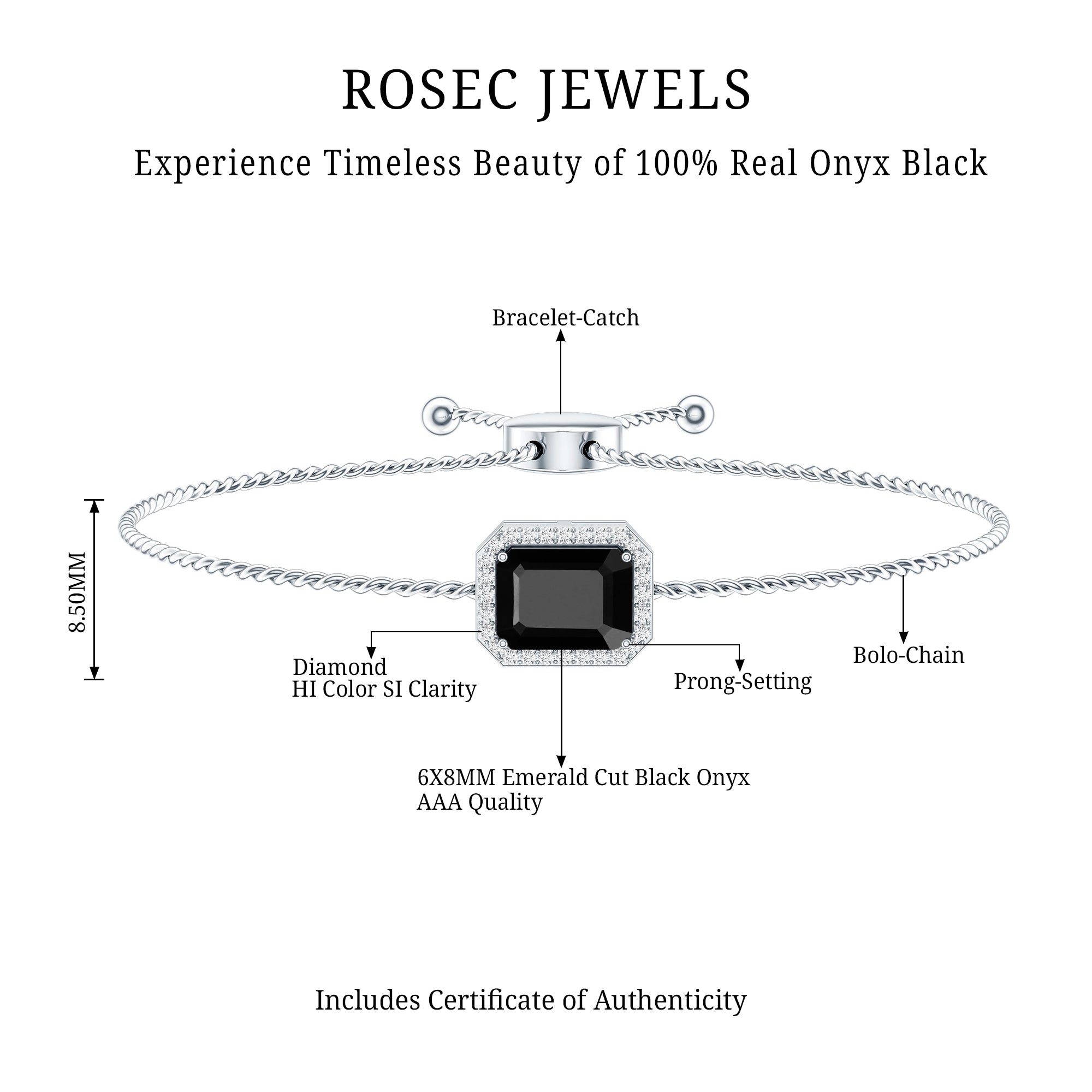 Natural 1.8 Carat Emerald Cut Black Onyx Bolo Bracelet with Diamond Halo AAA - Rosec Jewels