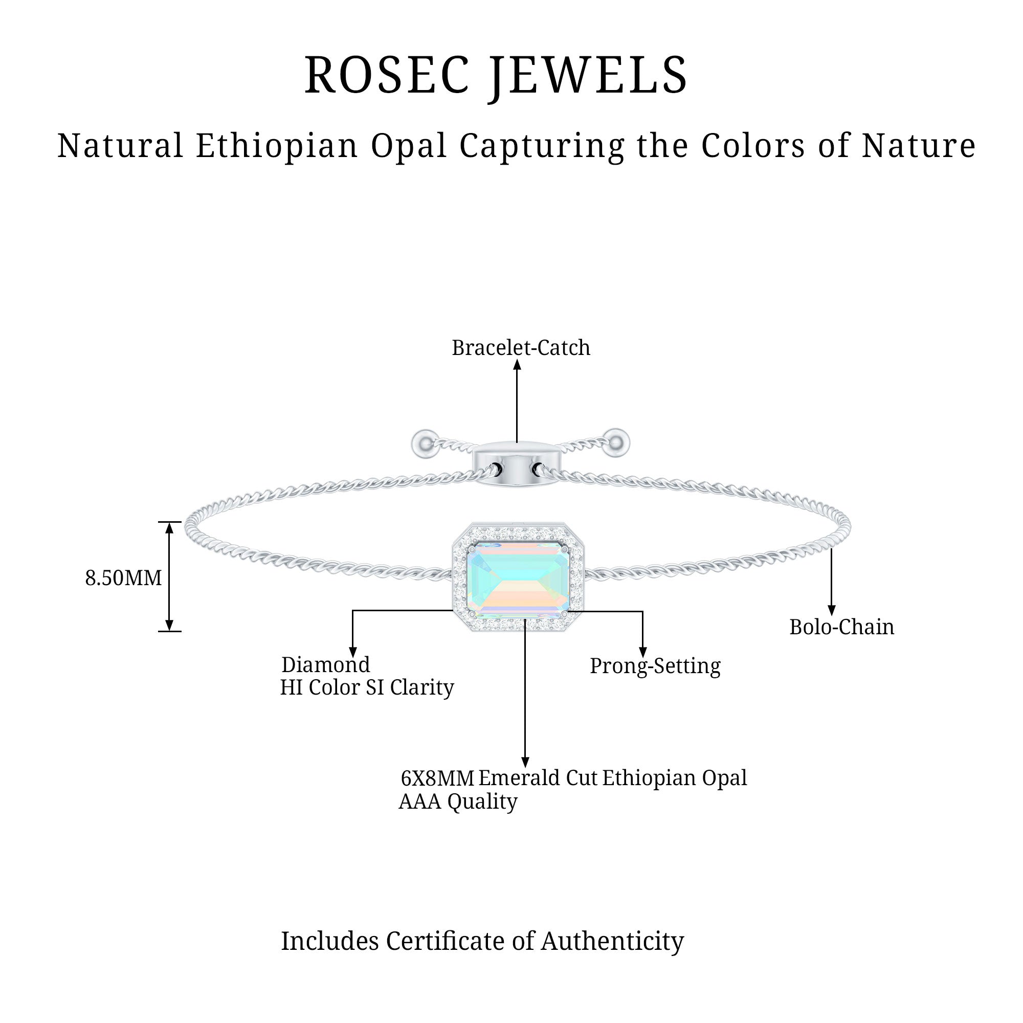 2 Carat Emerald Cut Ethiopian Opal and Diamond Bolo Chain Bracelet AAA - Rosec Jewels