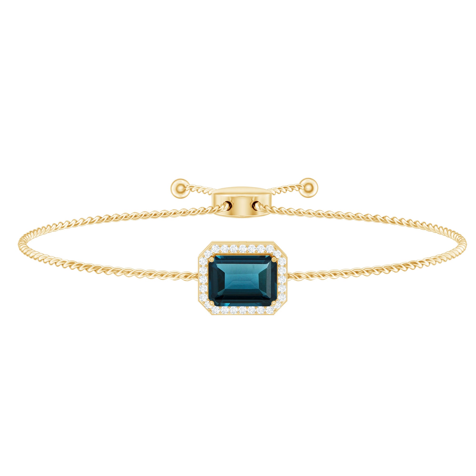 Emerald Cut London Blue Topaz and Diamond Bolo Chain Bracelet AAA - Rosec Jewels