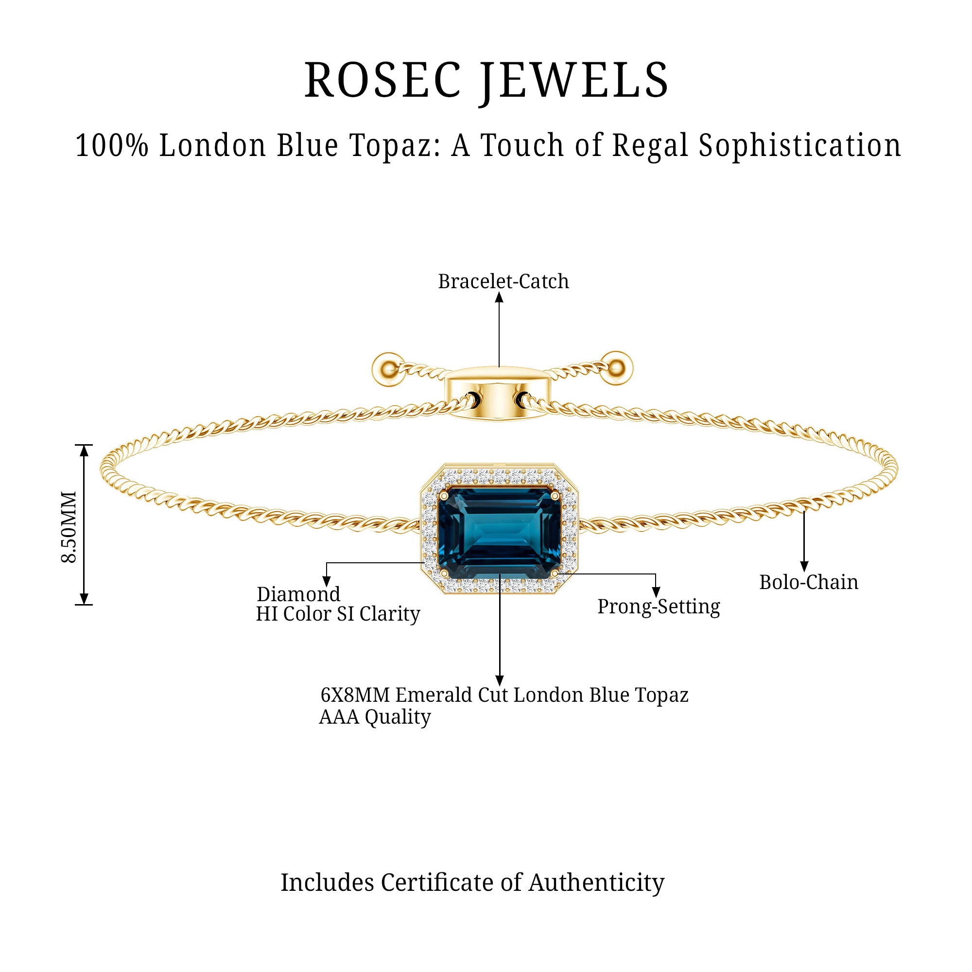 Emerald Cut London Blue Topaz and Diamond Bolo Chain Bracelet AAA - Rosec Jewels