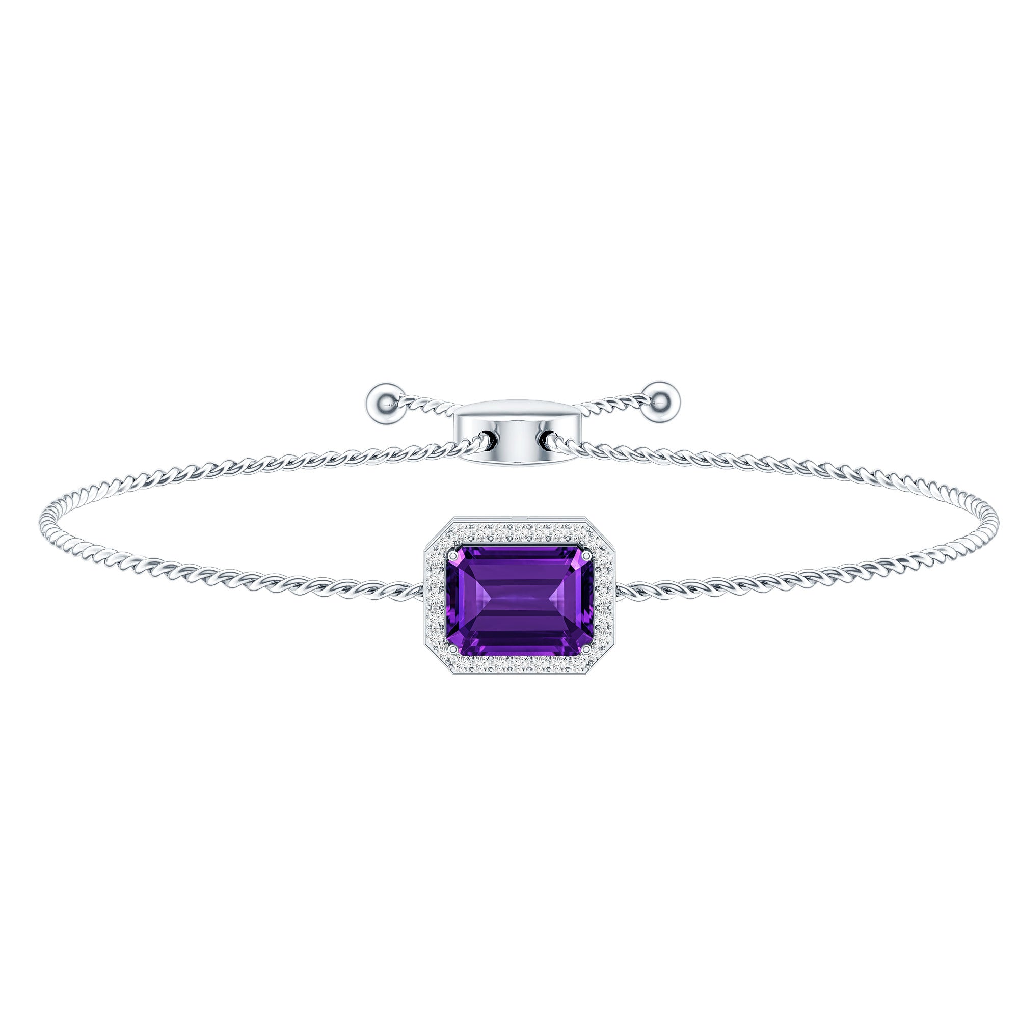 Natural 1.4 Carat Emerald Cut Amethyst Diamond Bolo Bracelet AAA - Rosec Jewels