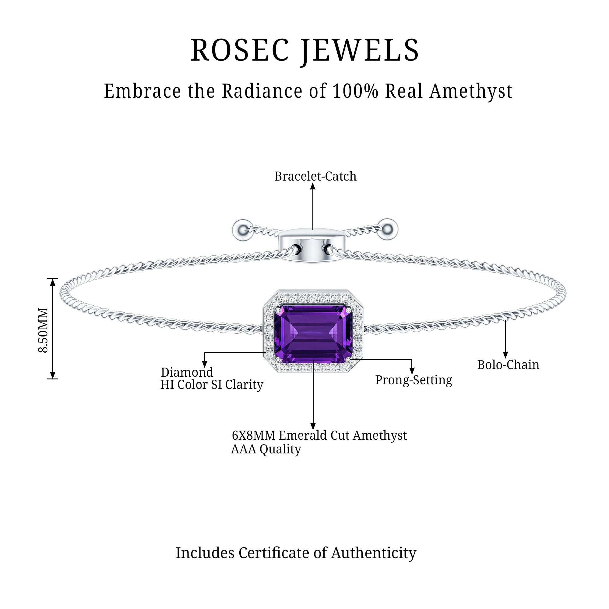 Natural 1.4 Carat Emerald Cut Amethyst Diamond Bolo Bracelet AAA - Rosec Jewels