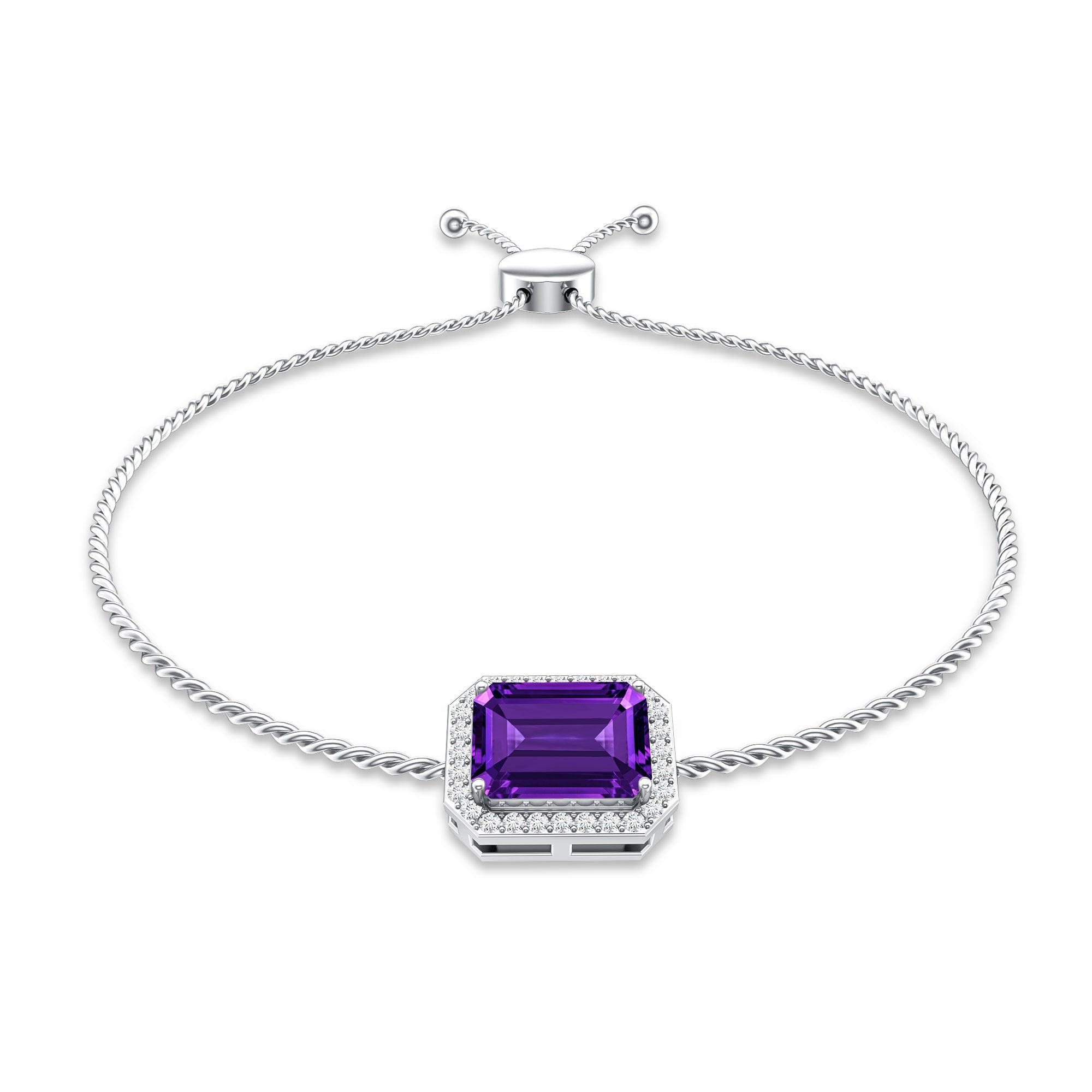 Natural 1.4 Carat Emerald Cut Amethyst Diamond Bolo Bracelet AAA - Rosec Jewels