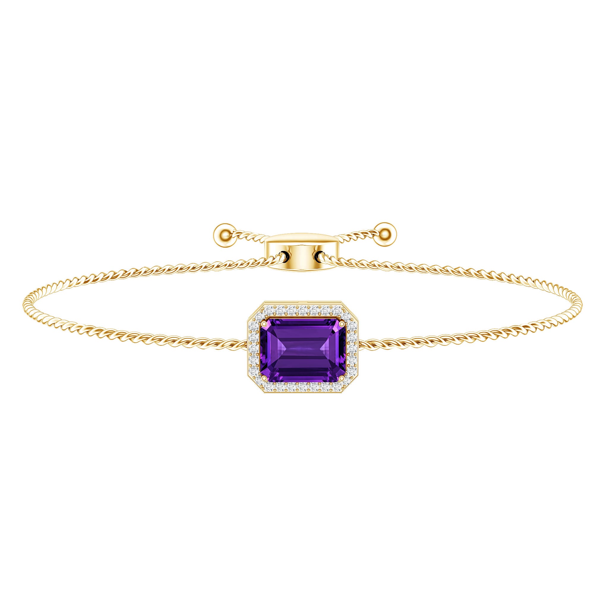Natural 1.4 Carat Emerald Cut Amethyst Diamond Bolo Bracelet AAA - Rosec Jewels