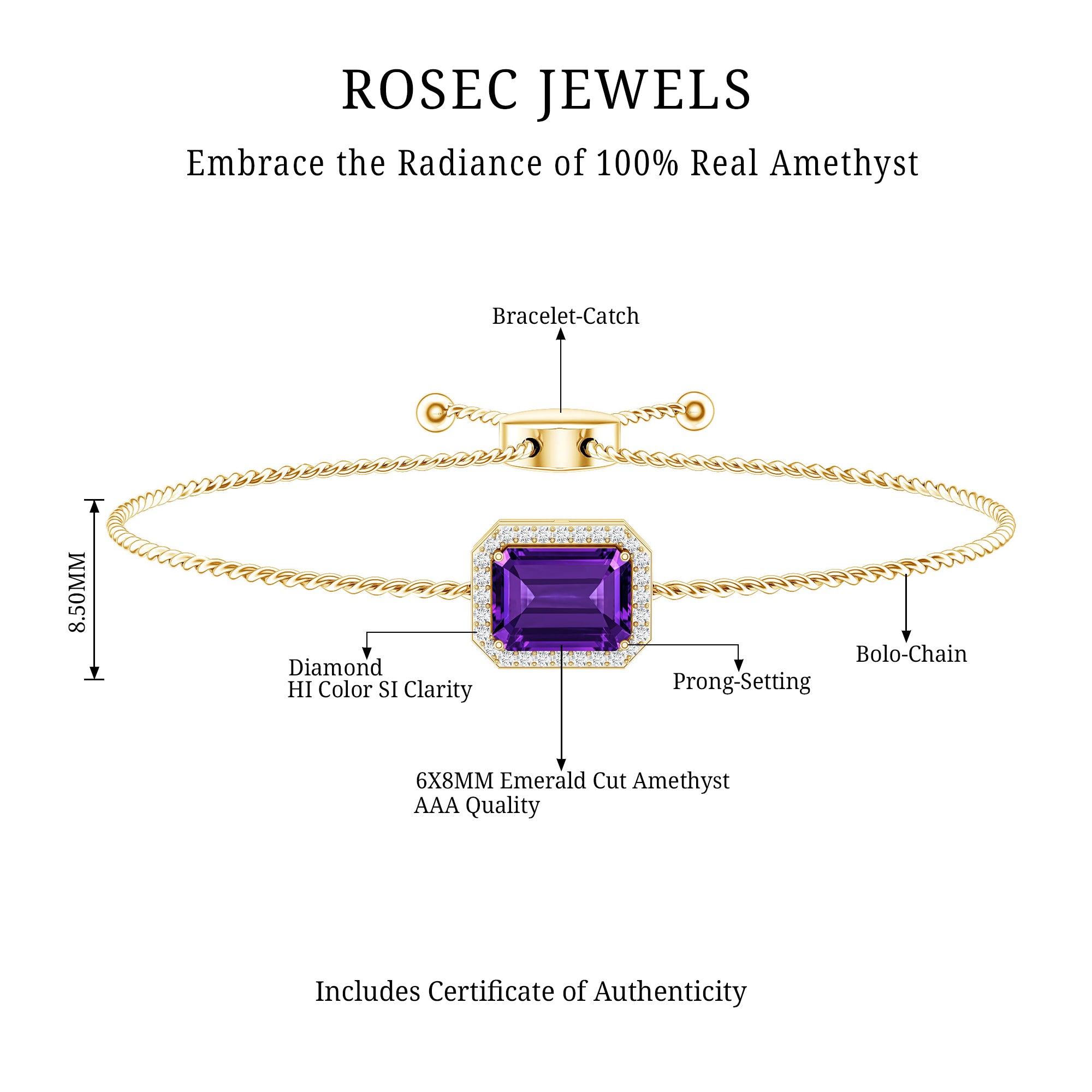 Natural 1.4 Carat Emerald Cut Amethyst Diamond Bolo Bracelet AAA - Rosec Jewels