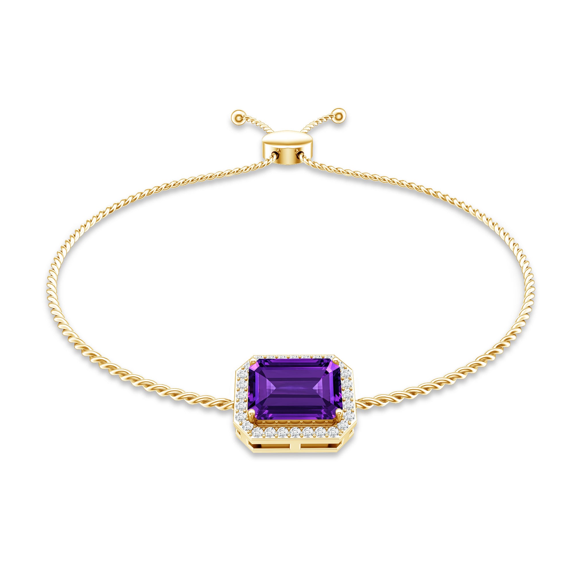 Natural 1.4 Carat Emerald Cut Amethyst Diamond Bolo Bracelet AAA - Rosec Jewels