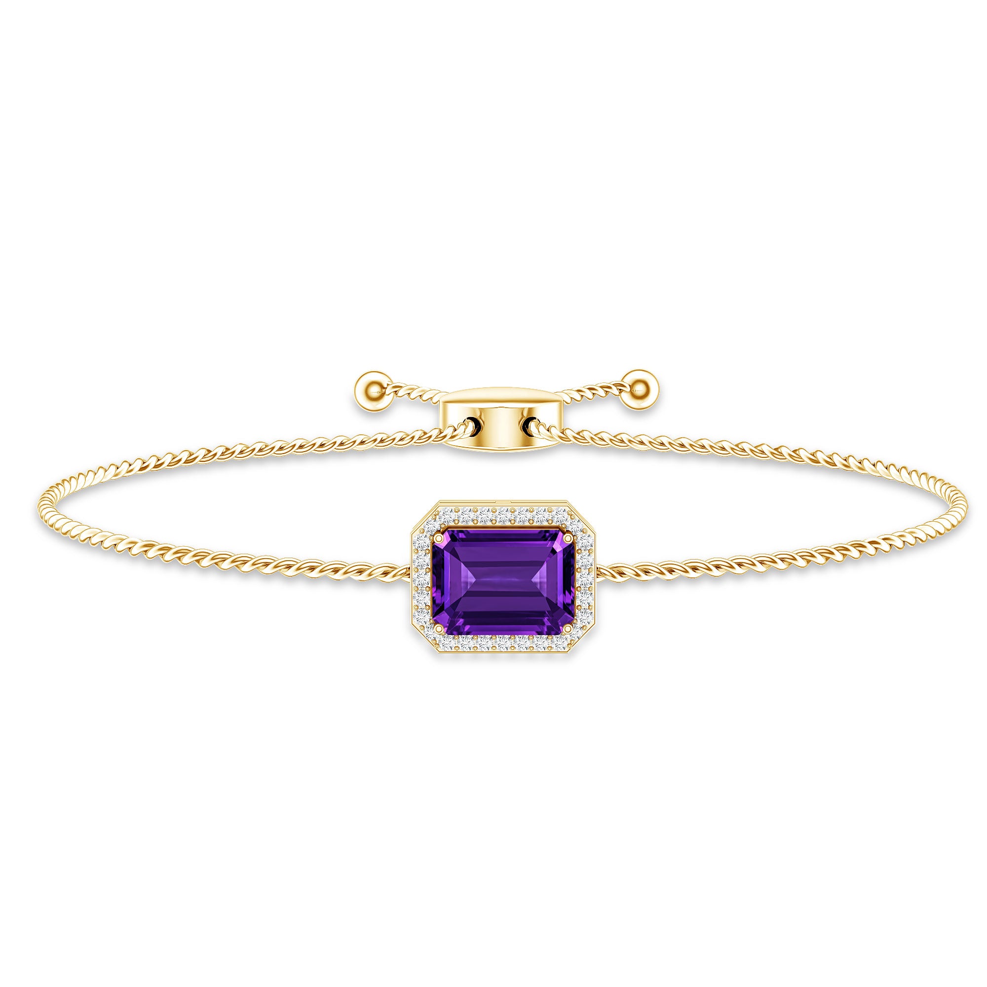 Natural 1.4 Carat Emerald Cut Amethyst Diamond Bolo Bracelet AAA - Rosec Jewels