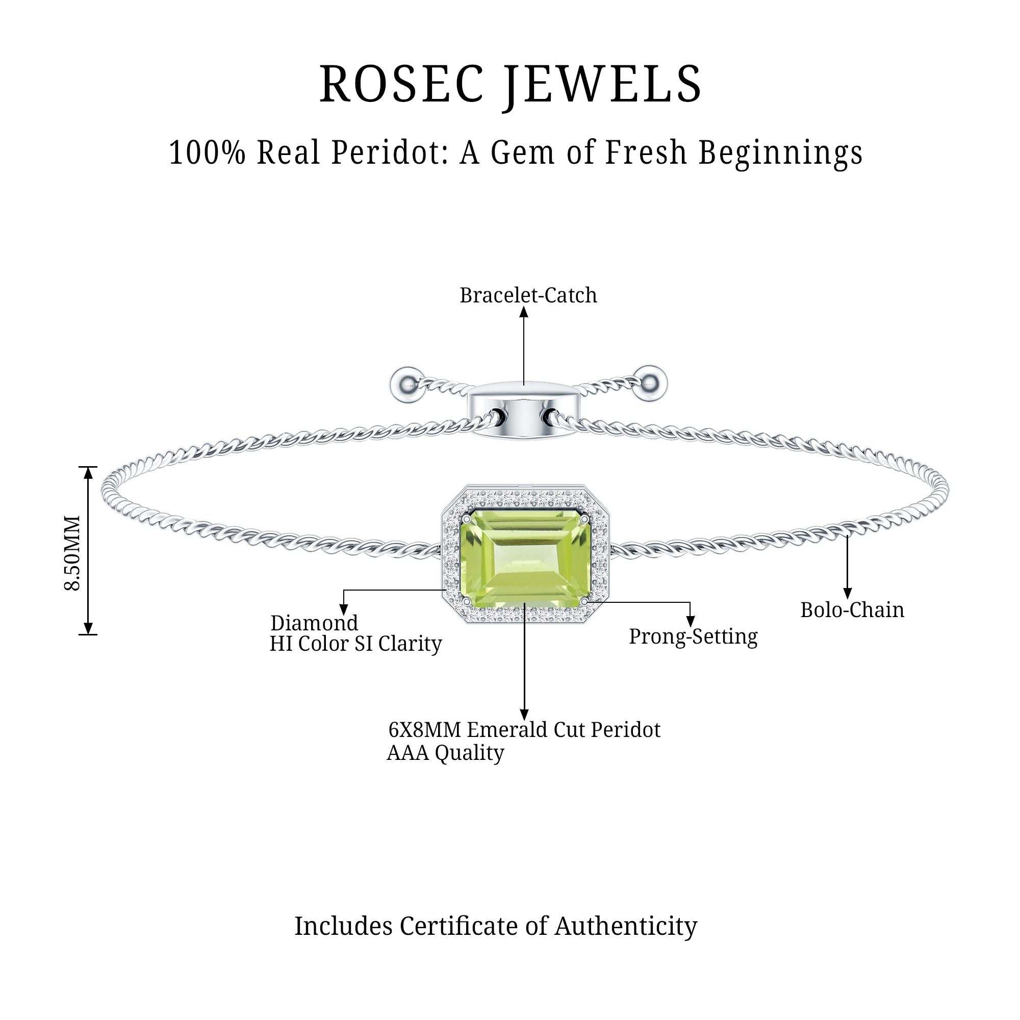 1.8 Carat Emerald Cut Peridot and Diamond Bolo Chain Bracelet AAA - Rosec Jewels