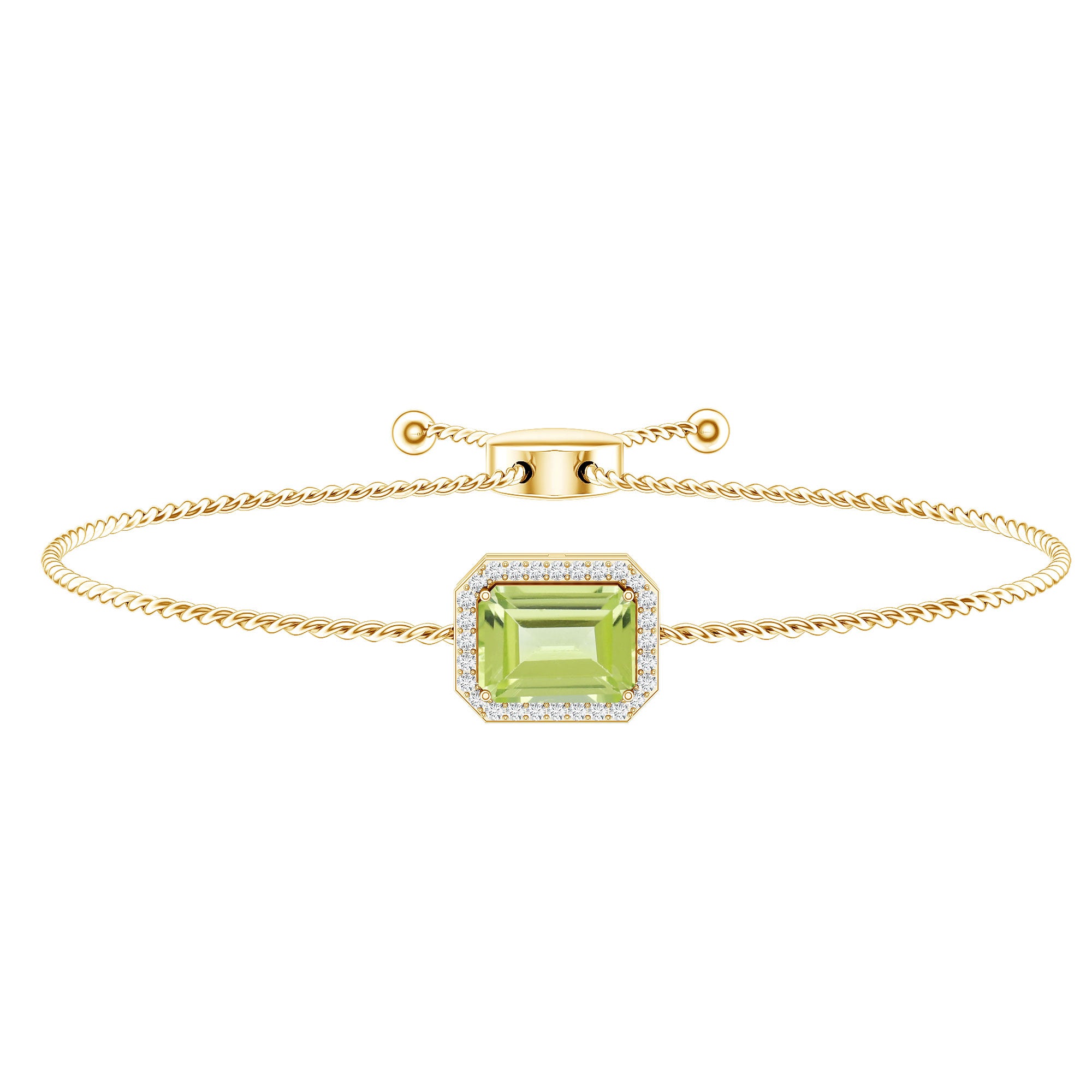 1.8 Carat Emerald Cut Peridot and Diamond Bolo Chain Bracelet AAA - Rosec Jewels