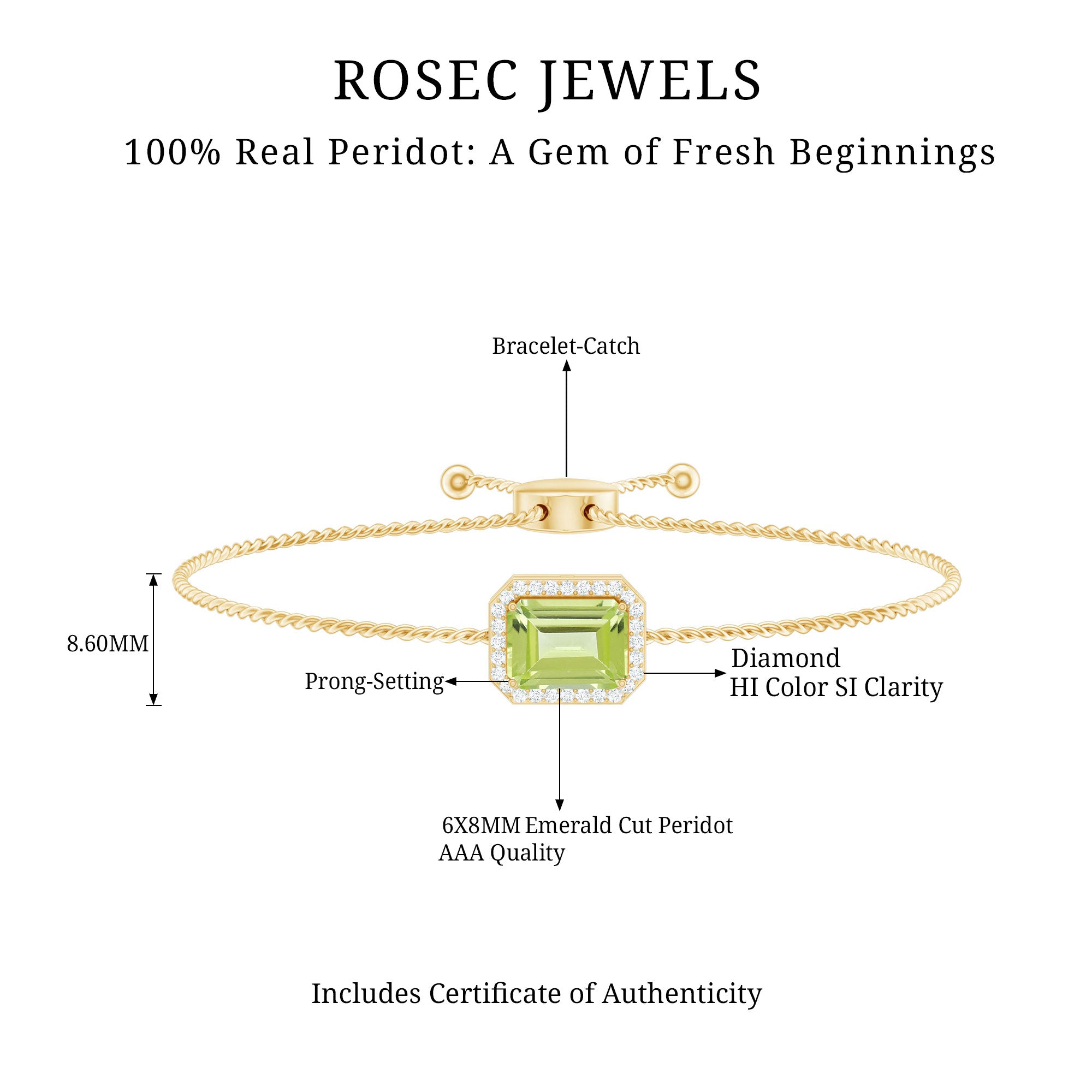1.8 Carat Emerald Cut Peridot and Diamond Bolo Chain Bracelet AAA - Rosec Jewels