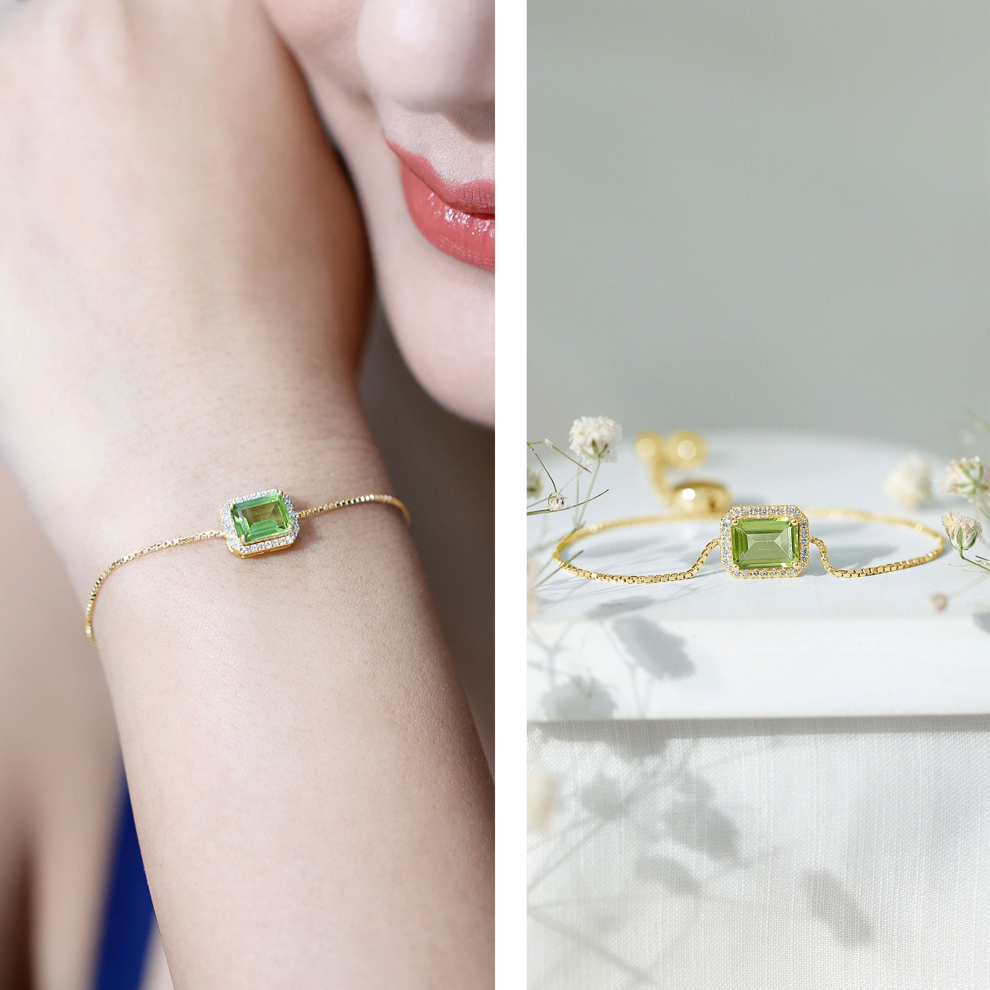 1.8 Carat Emerald Cut Peridot and Diamond Bolo Chain Bracelet AAA - Rosec Jewels