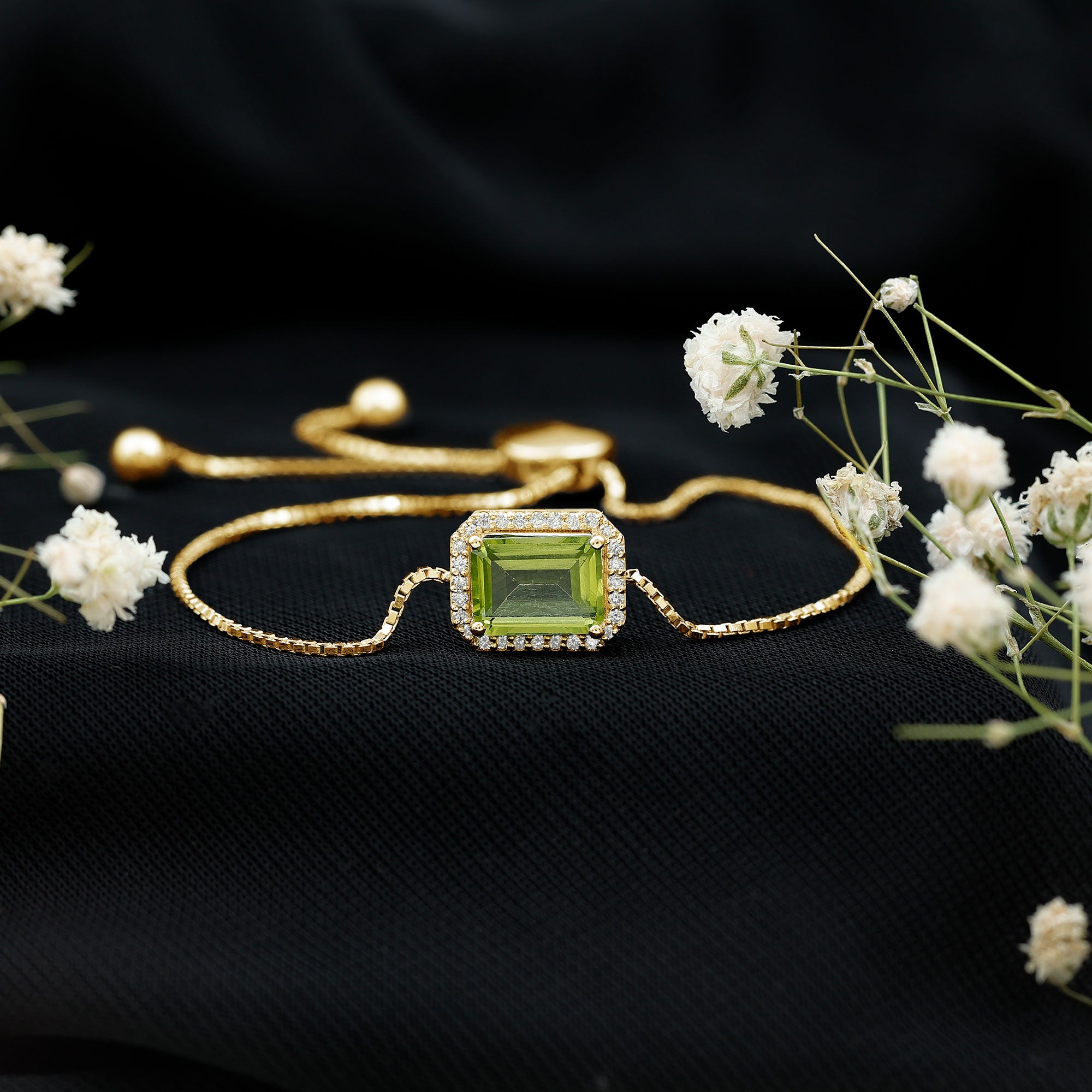 1.8 Carat Emerald Cut Peridot and Diamond Bolo Chain Bracelet AAA - Rosec Jewels