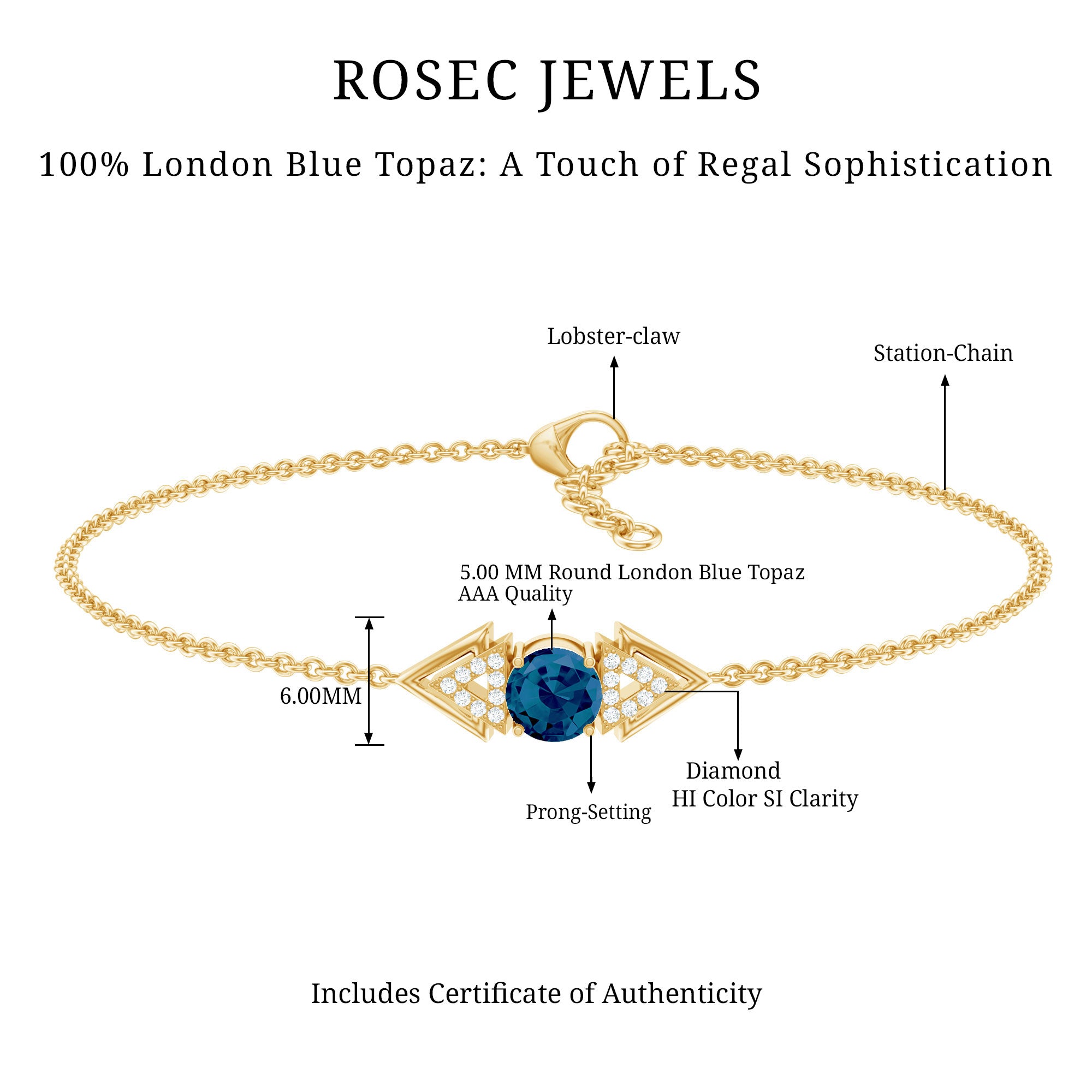 Real London Blue Topaz and Diamond Chain Bracelet AAA - Rosec Jewels
