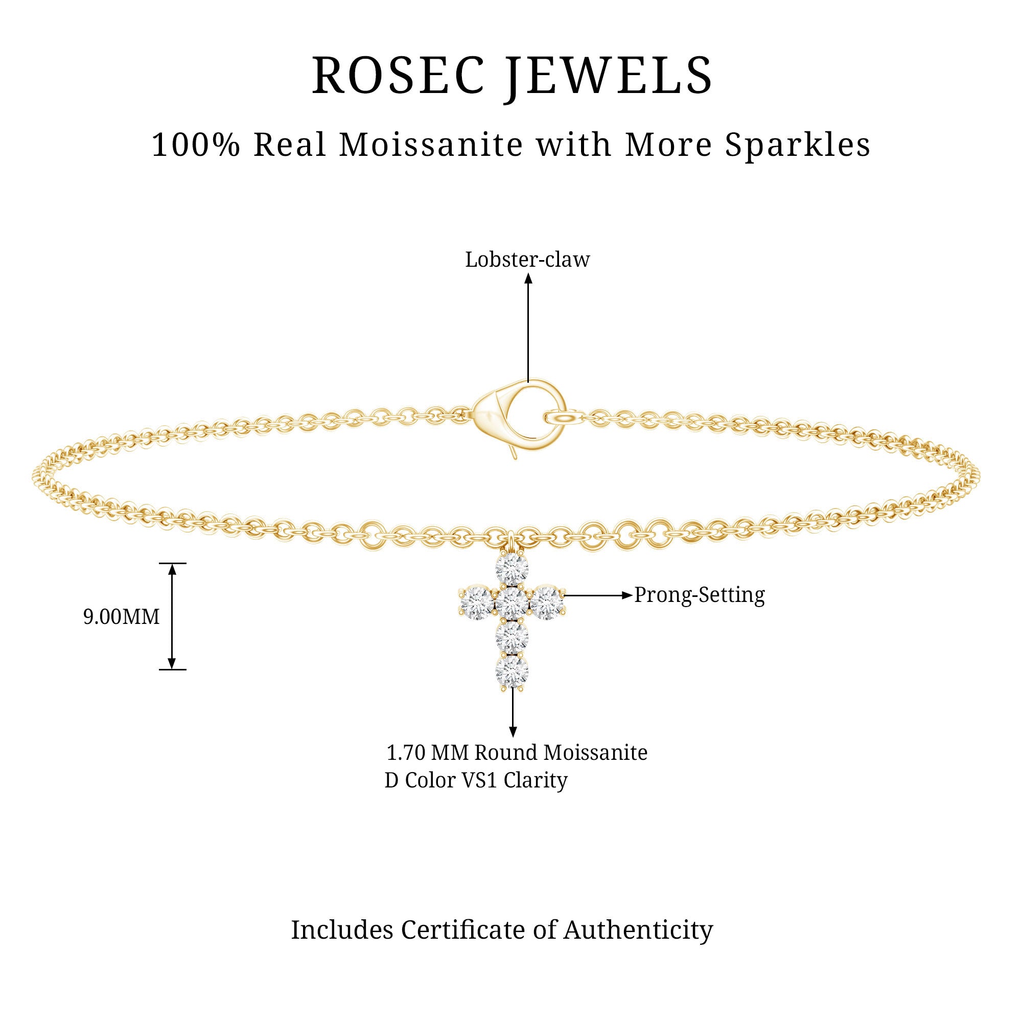 Certified Moissanite Cross Charm Chain Bracelet for Women D-VS1 - Rosec Jewels