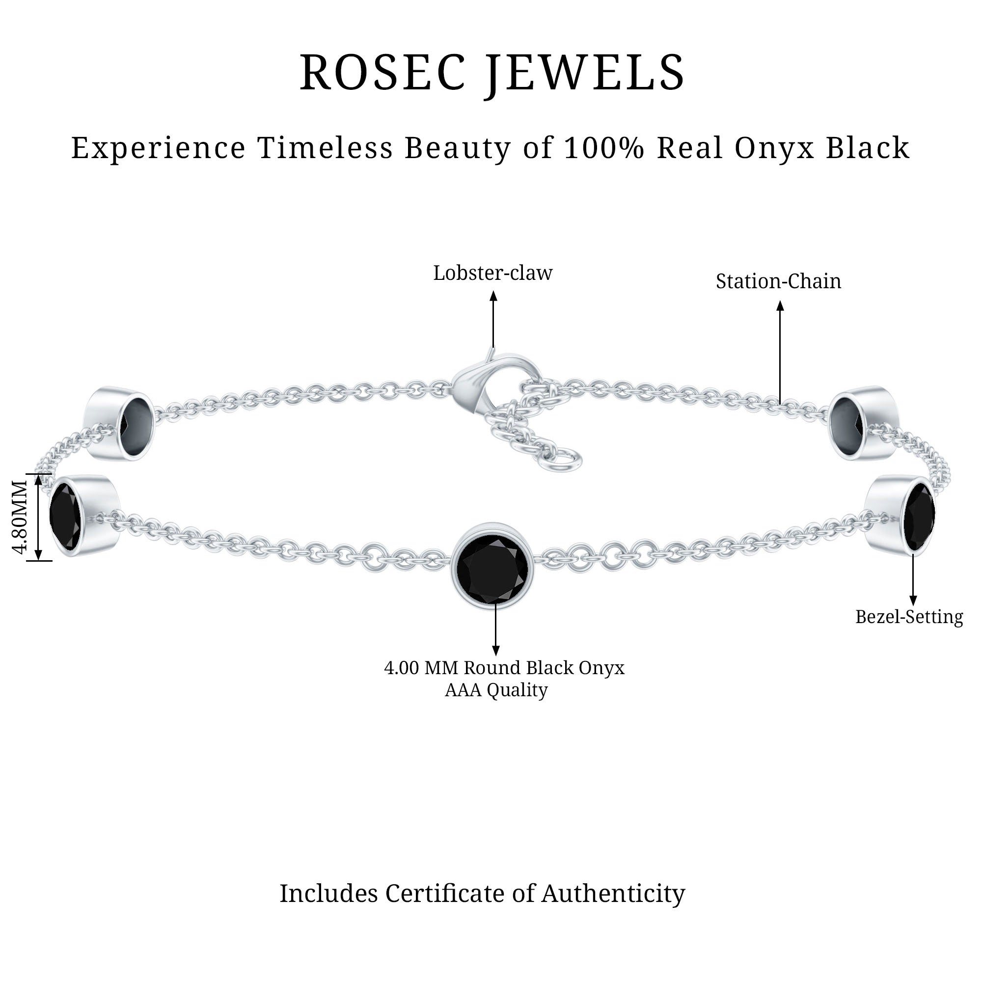 Black Onyx Station Chain Bracelet for Women AAA - Rosec Jewels