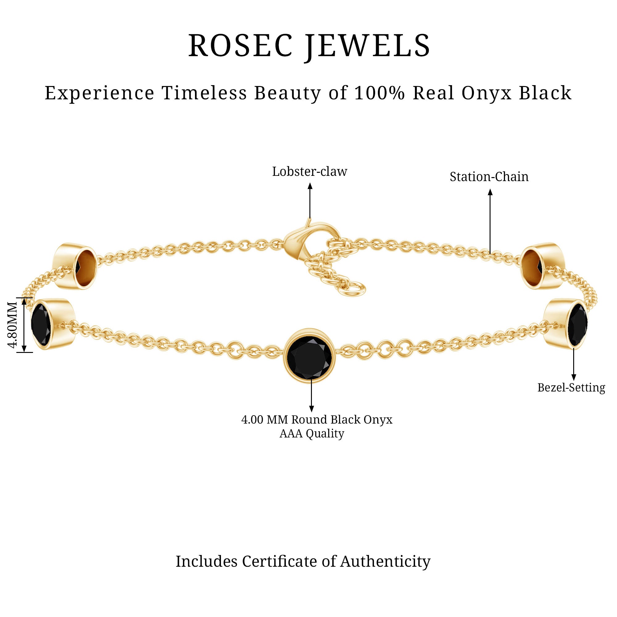 Black Onyx Station Chain Bracelet for Women AAA - Rosec Jewels