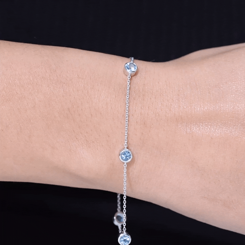 Real Aquamarine Station Chain Bracelet in Bezel Setting AAA - Rosec Jewels