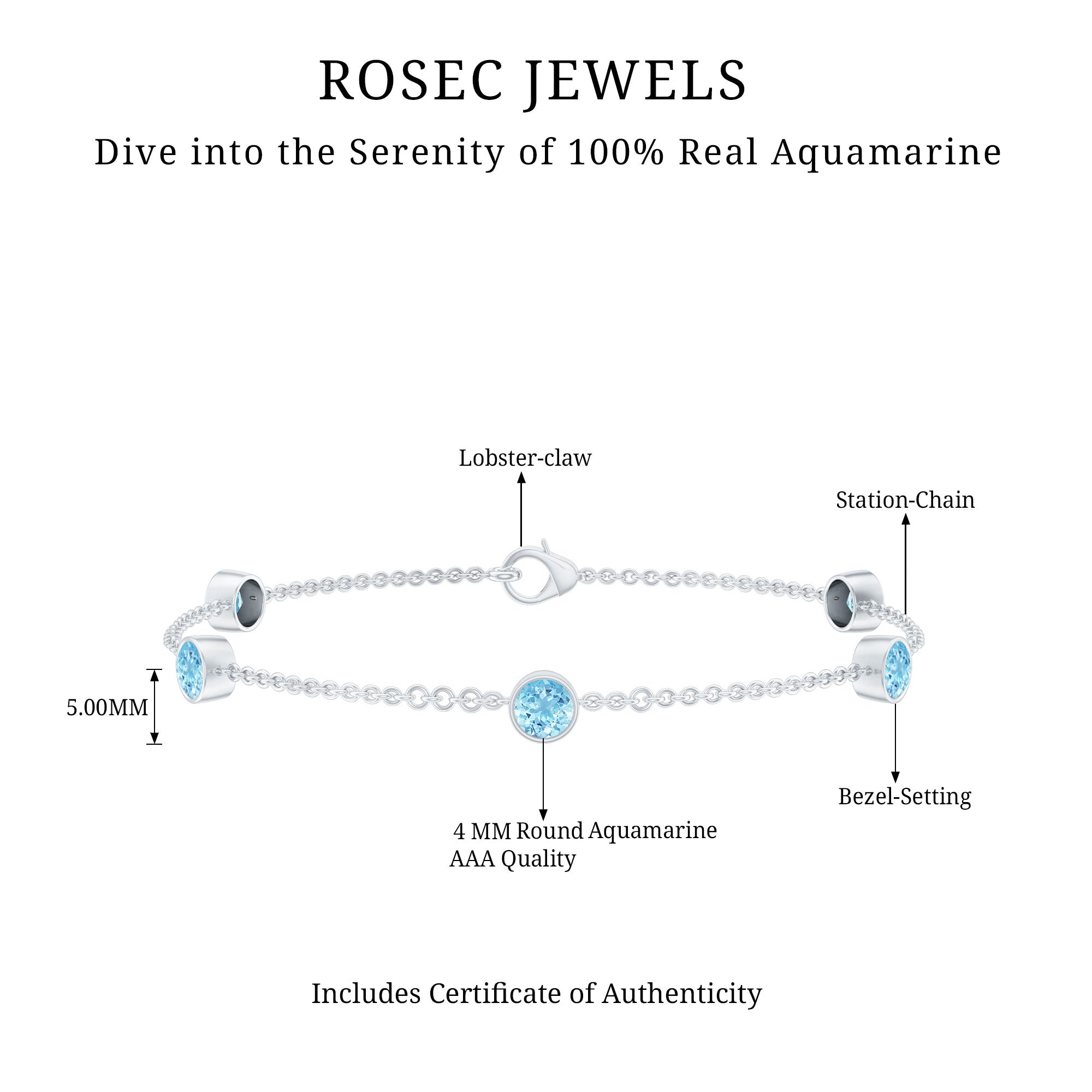 Real Aquamarine Station Chain Bracelet in Bezel Setting AAA - Rosec Jewels