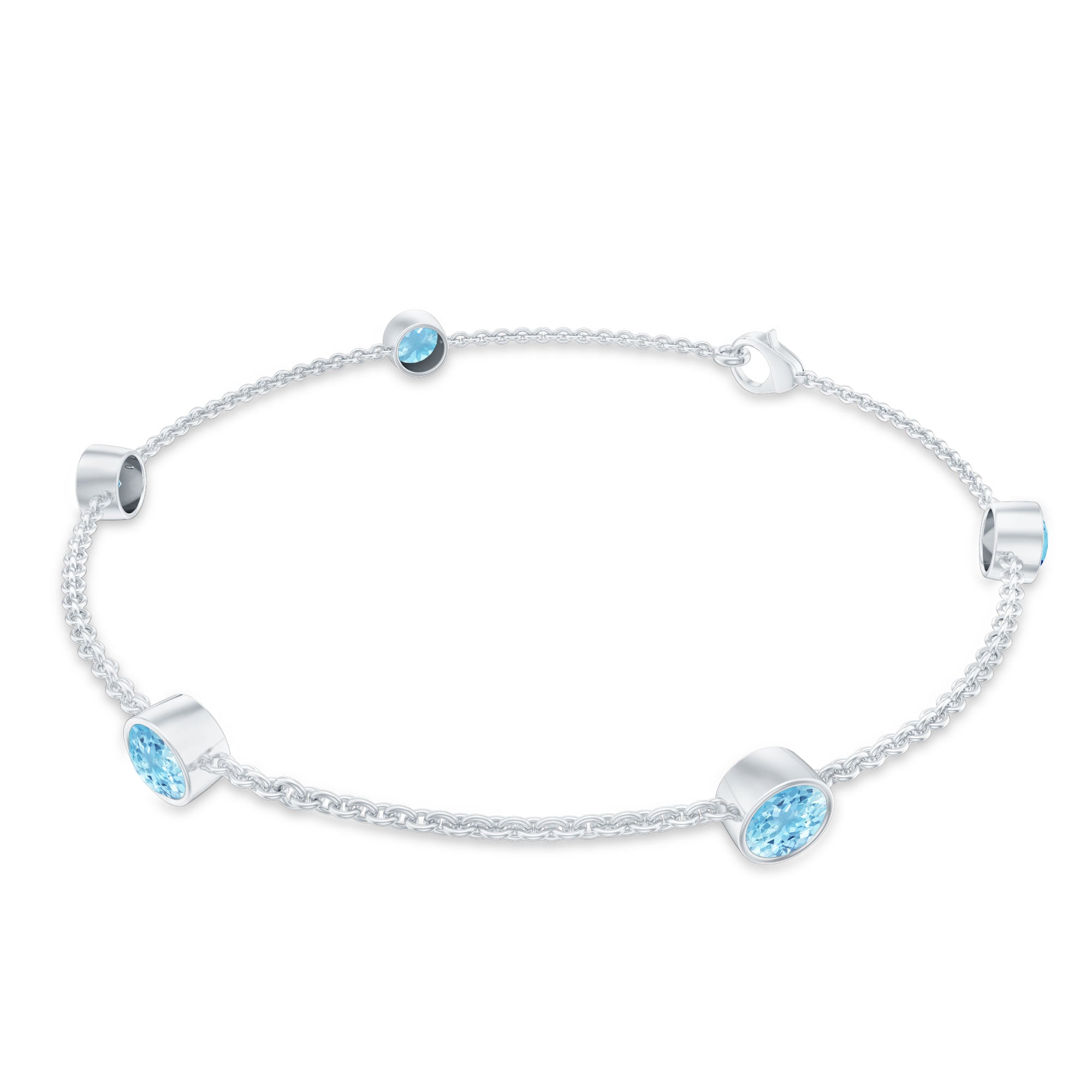 Real Aquamarine Station Chain Bracelet in Bezel Setting AAA - Rosec Jewels