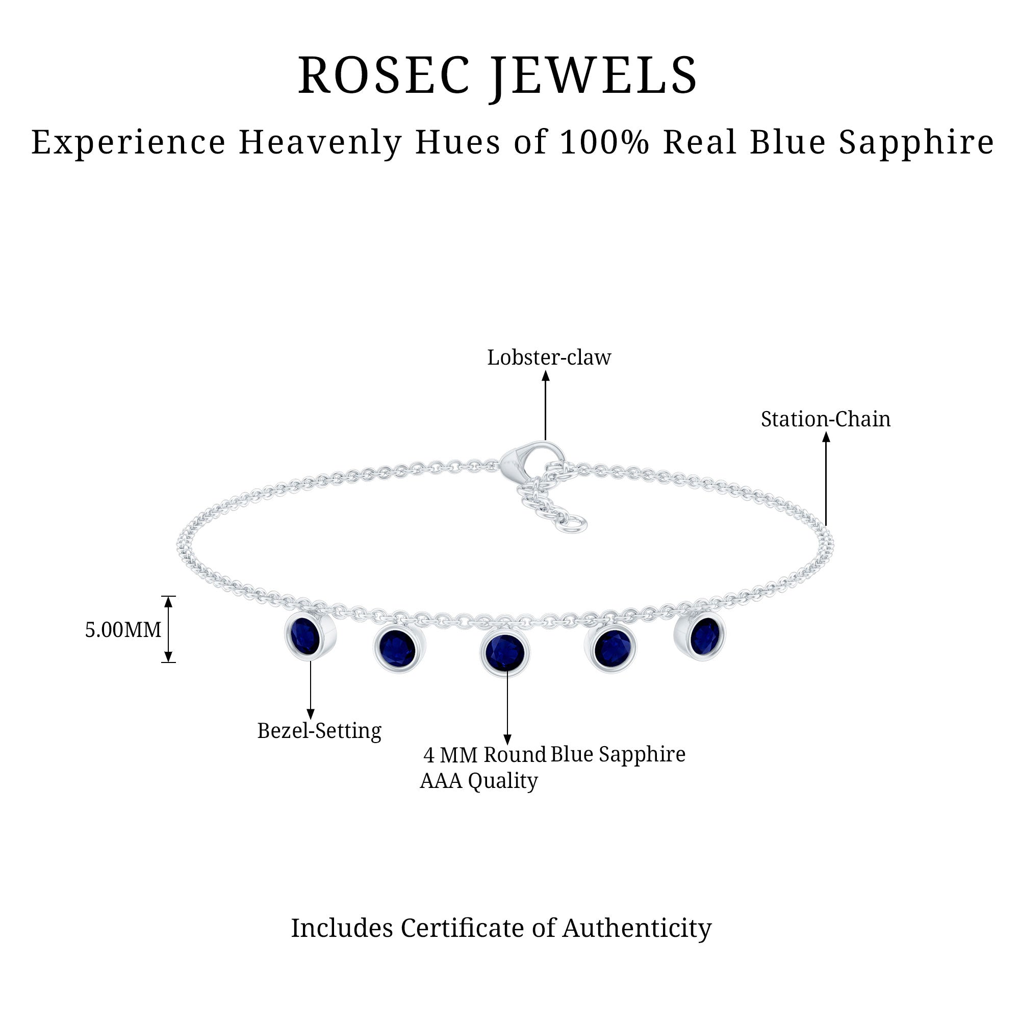 Bezel Set Blue Sapphire Charm Bracelet AAA - Rosec Jewels
