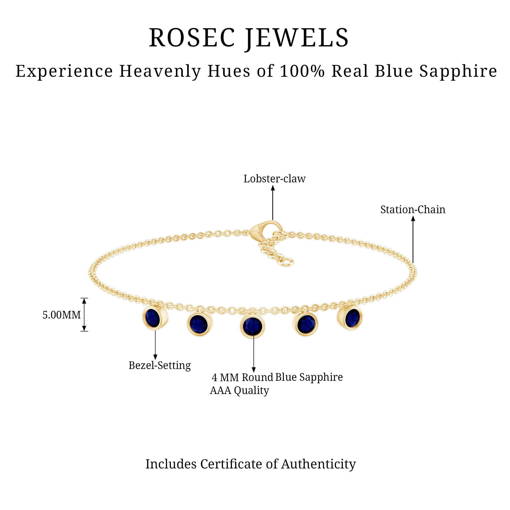 Bezel Set Blue Sapphire Charm Bracelet AAA - Rosec Jewels