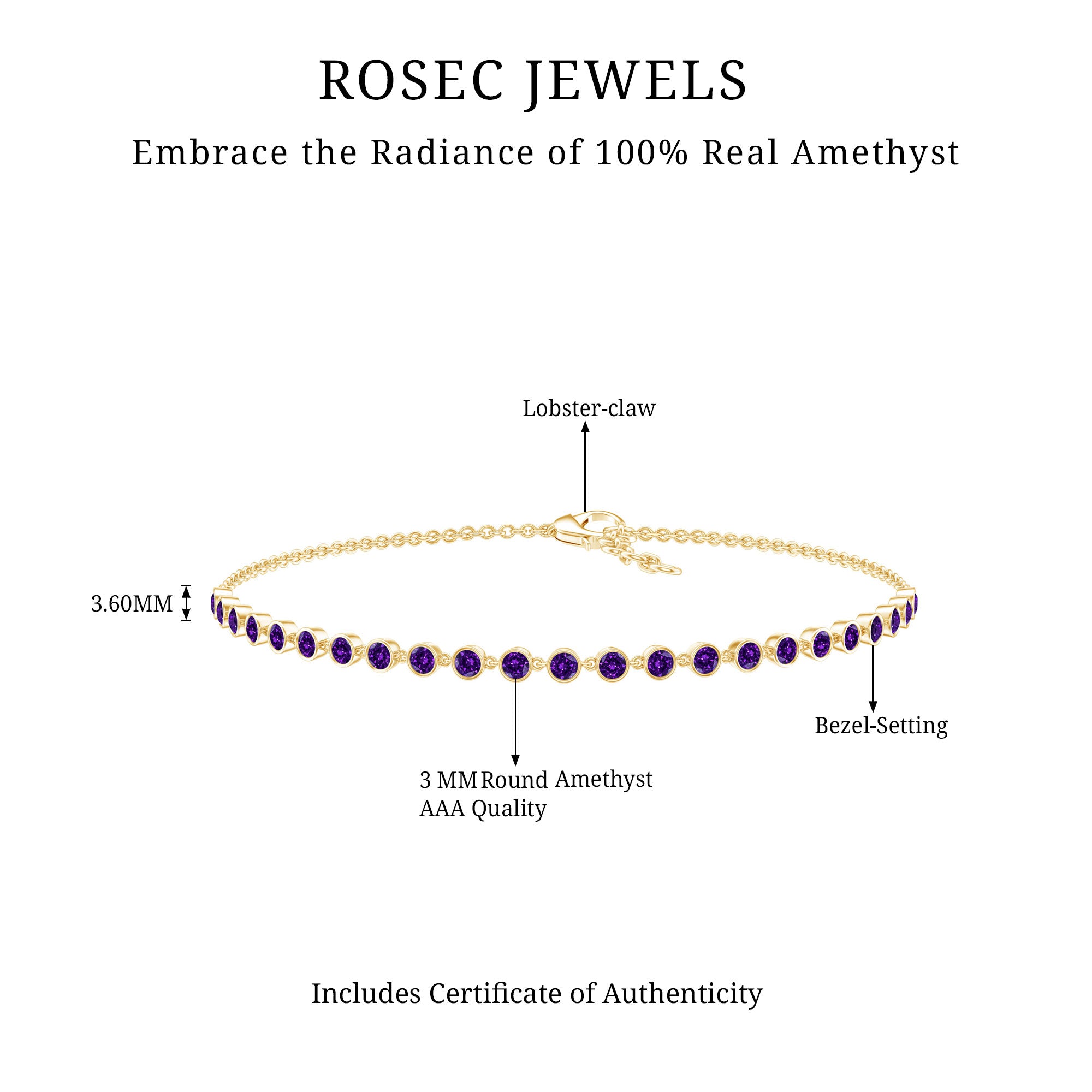 Minimalist Bezel Set Amethyst Chain Bracelet AAA - Rosec Jewels