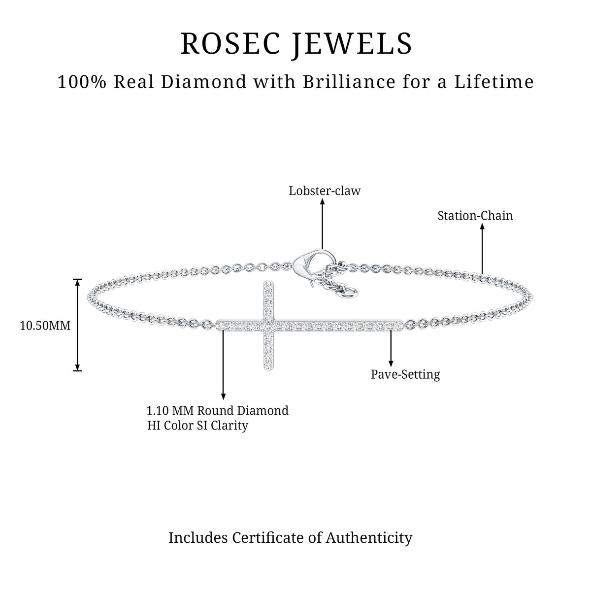 Certified Diamond Sideway Cross Bracelet Natural - ( HI-SI ) - Rosec Jewels