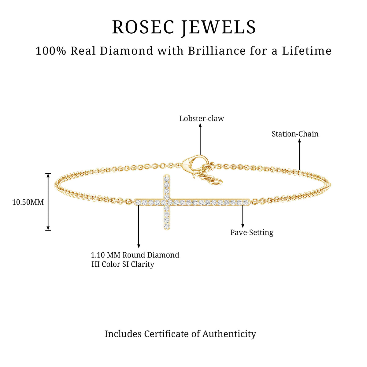 Certified Diamond Sideway Cross Bracelet Natural - ( HI-SI ) - Rosec Jewels