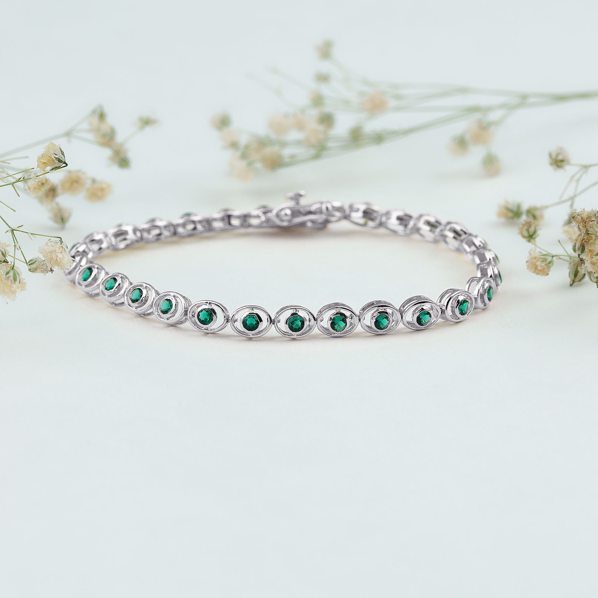 Lab Created Emerald Tennis Bracelet in Bezel Setting AAAA - Rosec Jewels