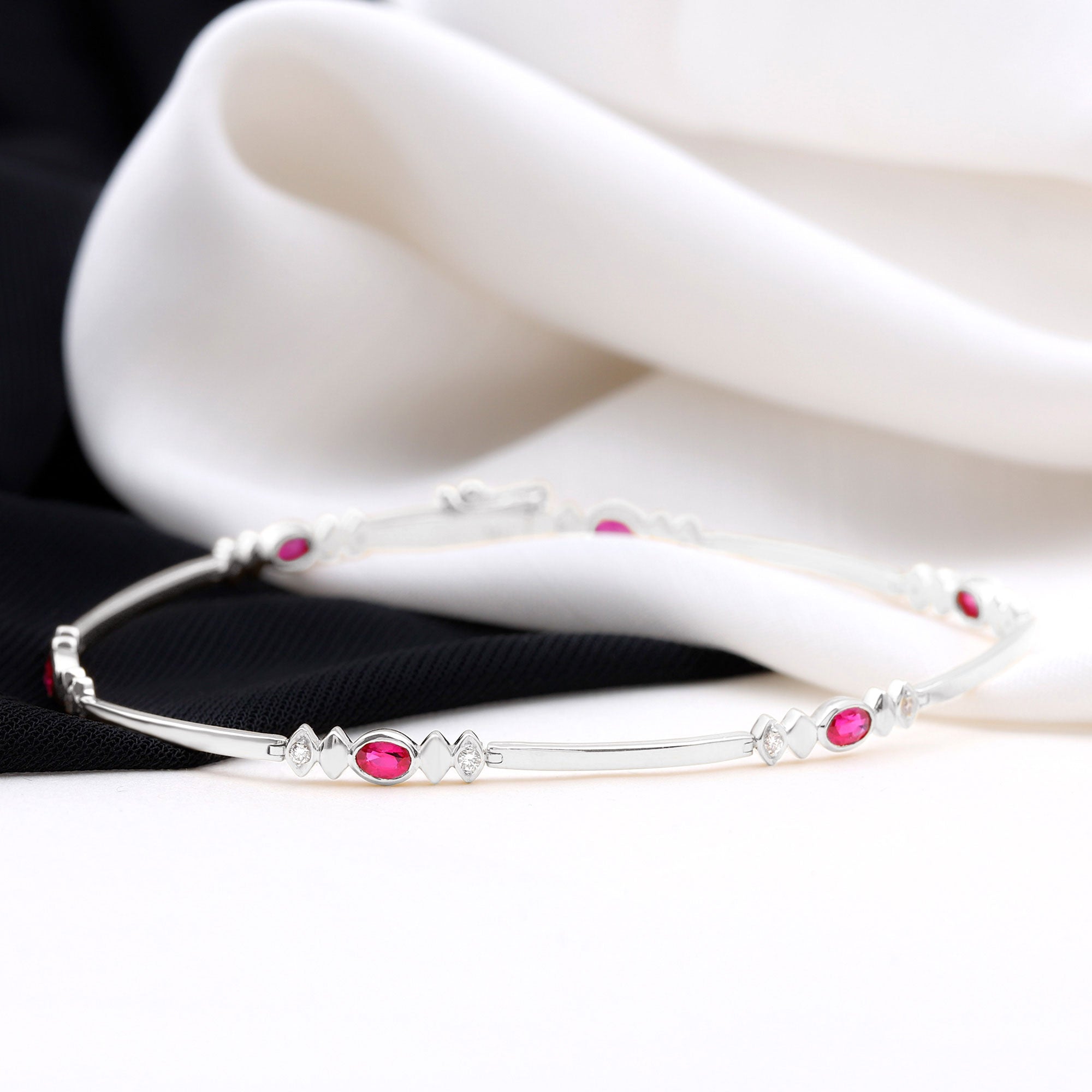 Oval Lab Grown Ruby Link Bracelet with Diamond AAAA - Rosec Jewels