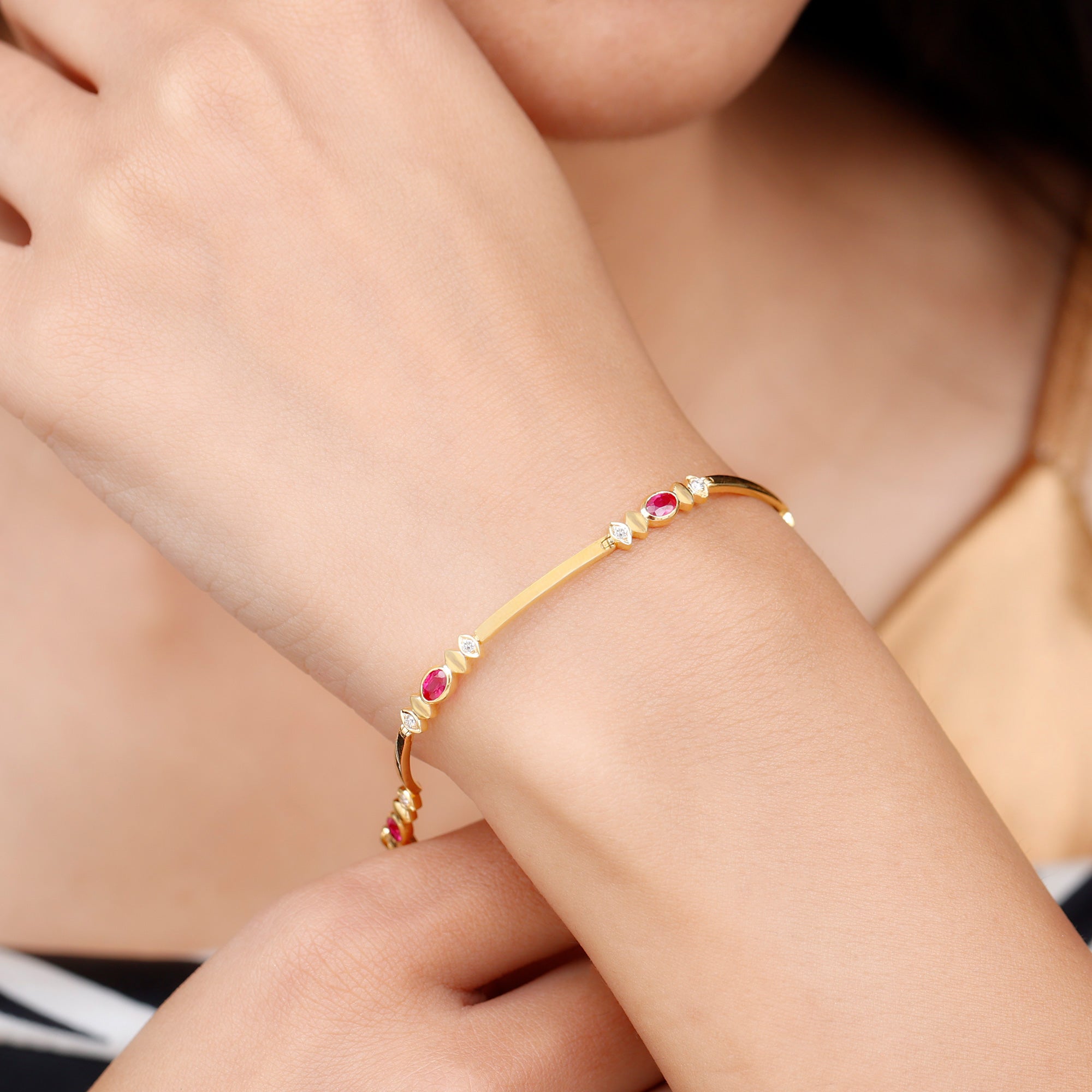Oval Lab Grown Ruby Link Bracelet with Diamond AAAA - Rosec Jewels