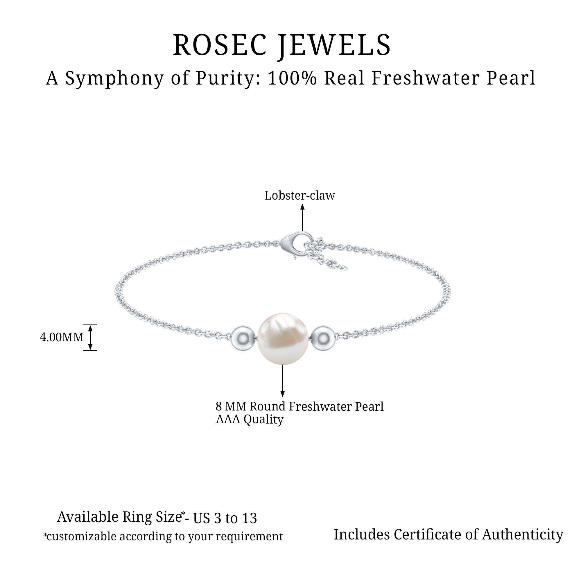 7.50 CT Freshwater Pearl Solitaire Bolo Bracelet AAA - Rosec Jewels