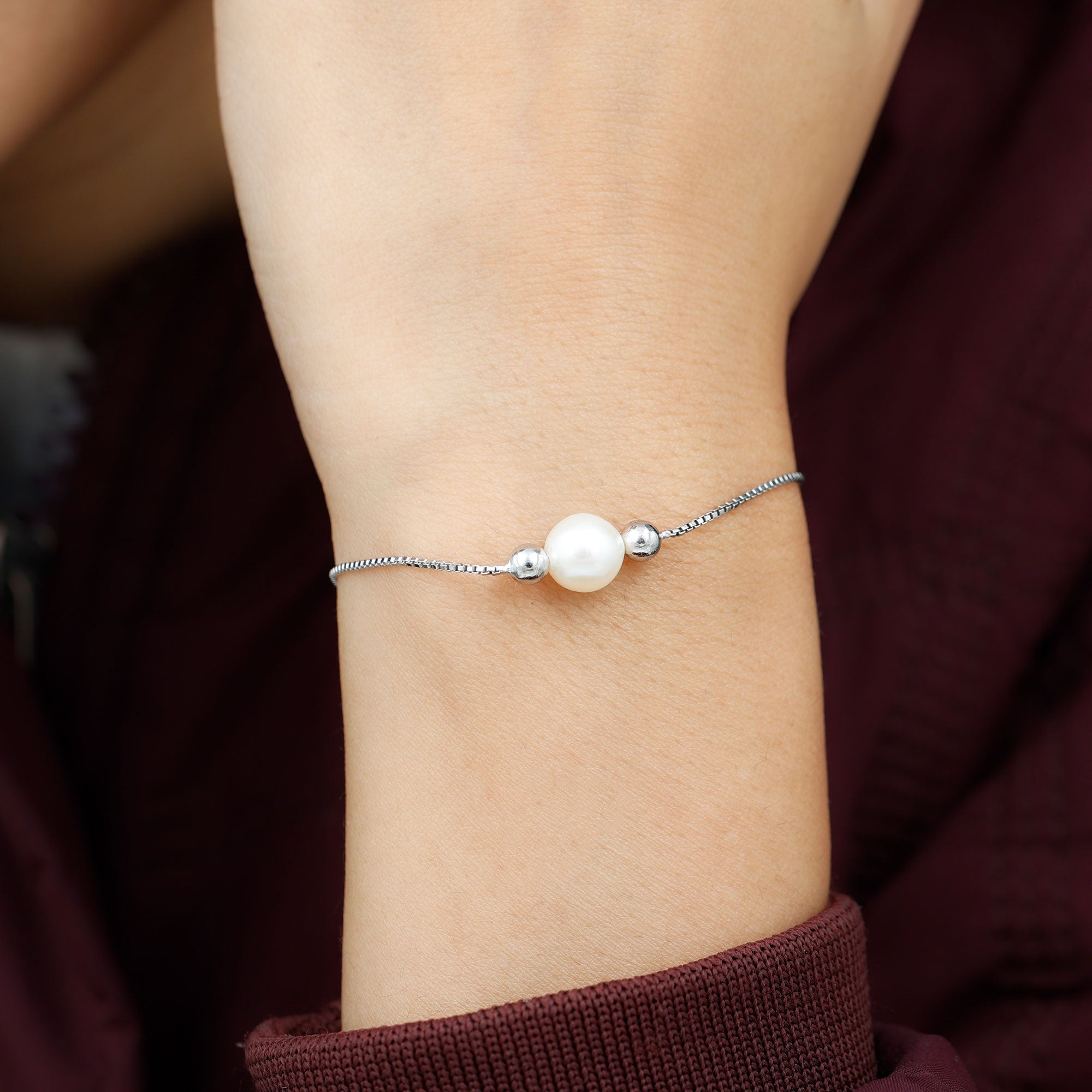 7.50 CT Freshwater Pearl Solitaire Bolo Bracelet AAA - Rosec Jewels