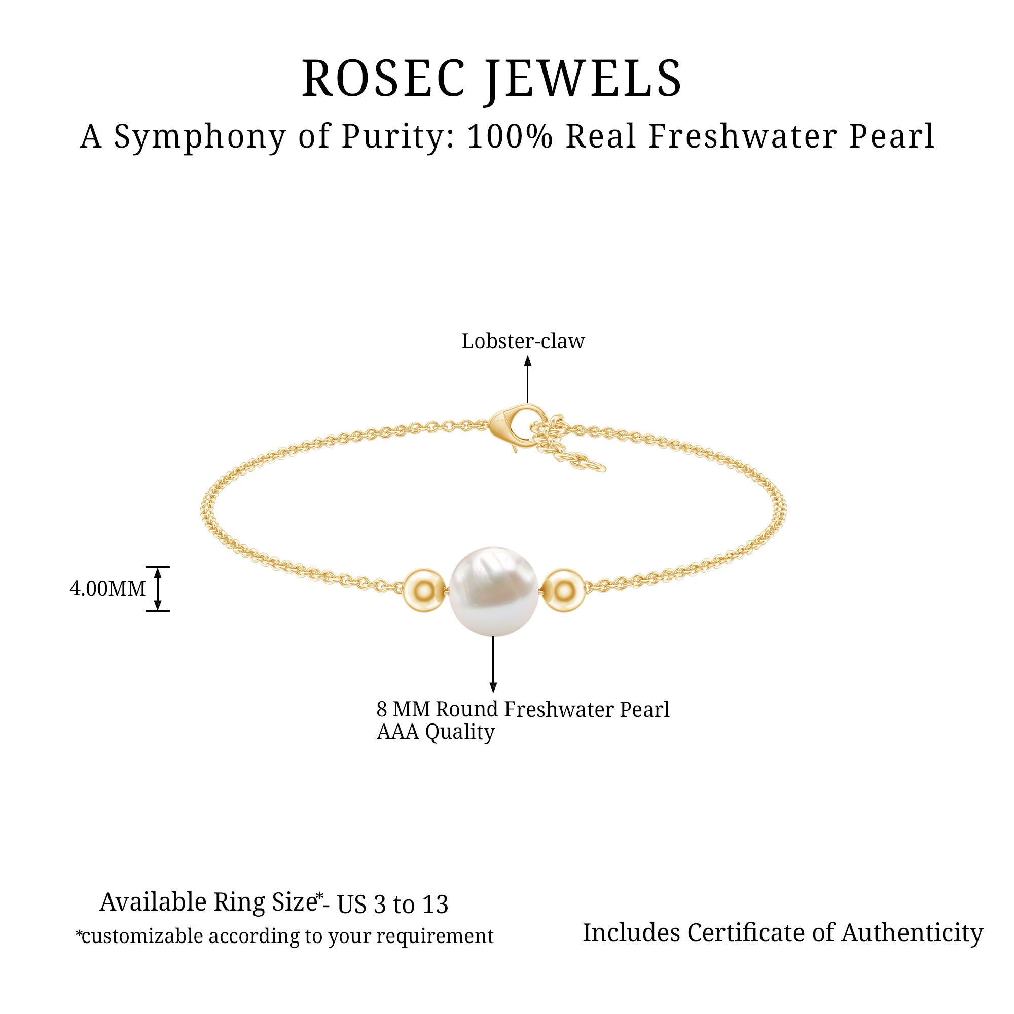 7.50 CT Freshwater Pearl Solitaire Bolo Bracelet AAA - Rosec Jewels