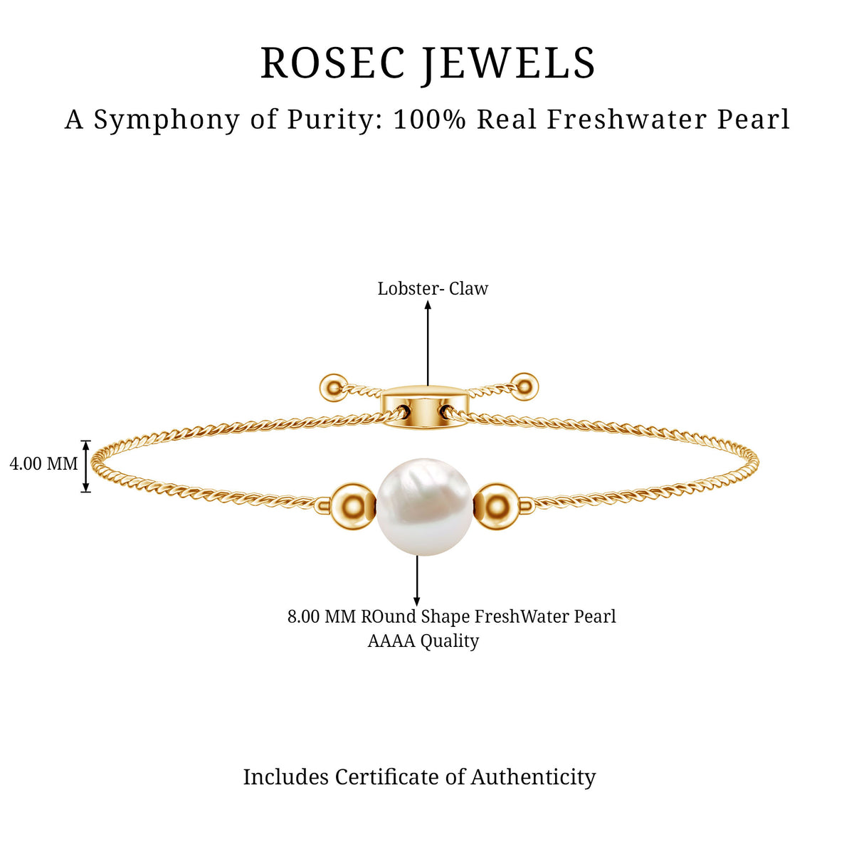 7.4 Carat Freshwater Pearl Solitaire Bolo Bracelet for Women AAA - Rosec Jewels