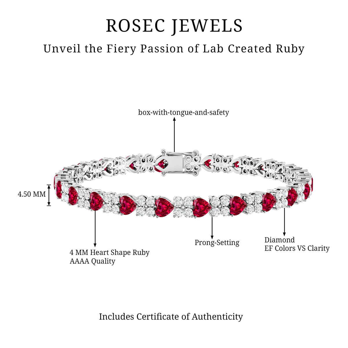 Lab Grown Ruby Heart Tennis Bracelet with Diamonds AAAA - Rosec Jewels