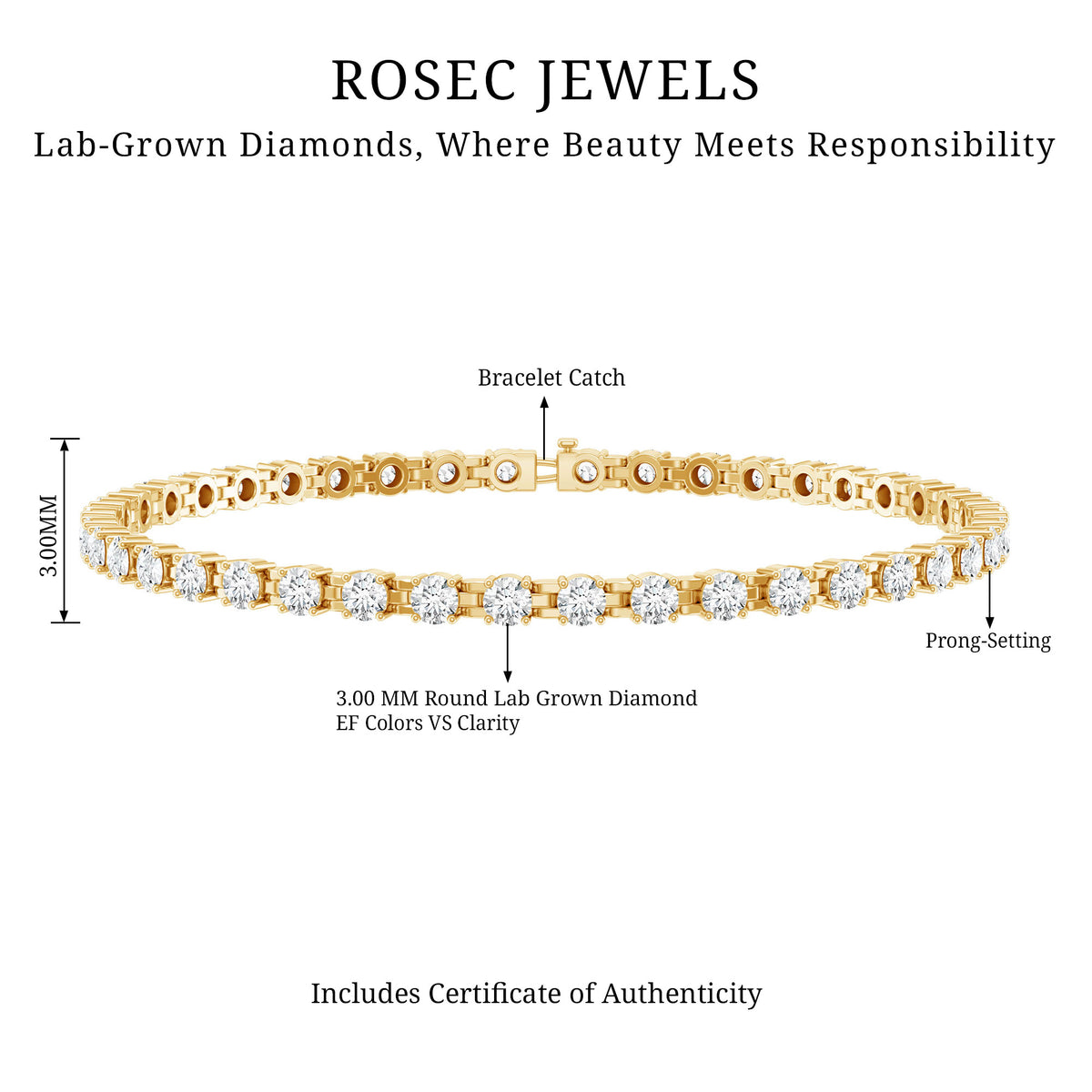 Round Cut Certified Lab Grown Diamond Tennis Bracelet for Women Lab - ( EF-VS ) - Rosec Jewels