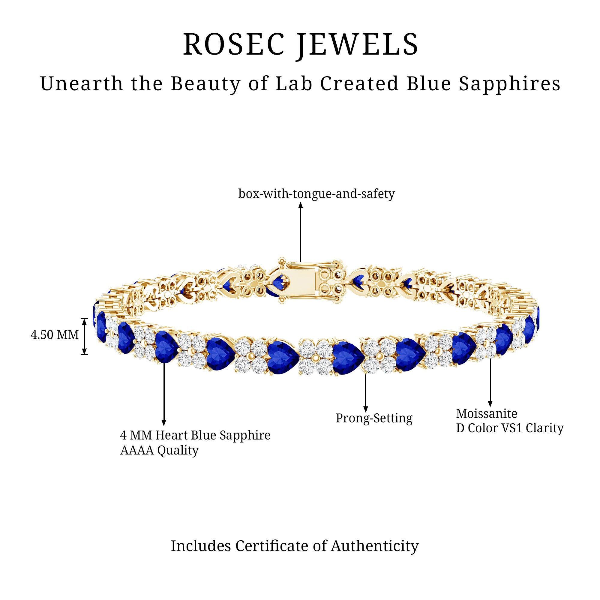Certified 7 Carat Lab Grown Blue Sapphire Heart Tennis Bracelet AAAA - Rosec Jewels
