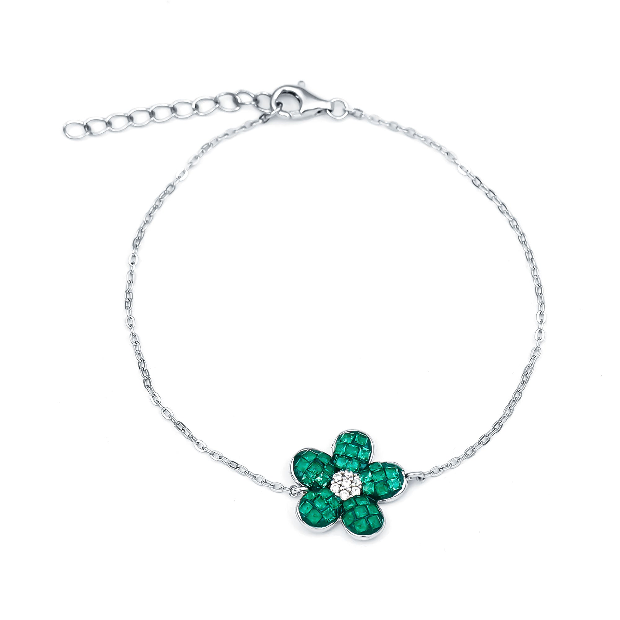 Rosec Jewels-Certified Lab Grown Emerald Flower Bracelet in Silver