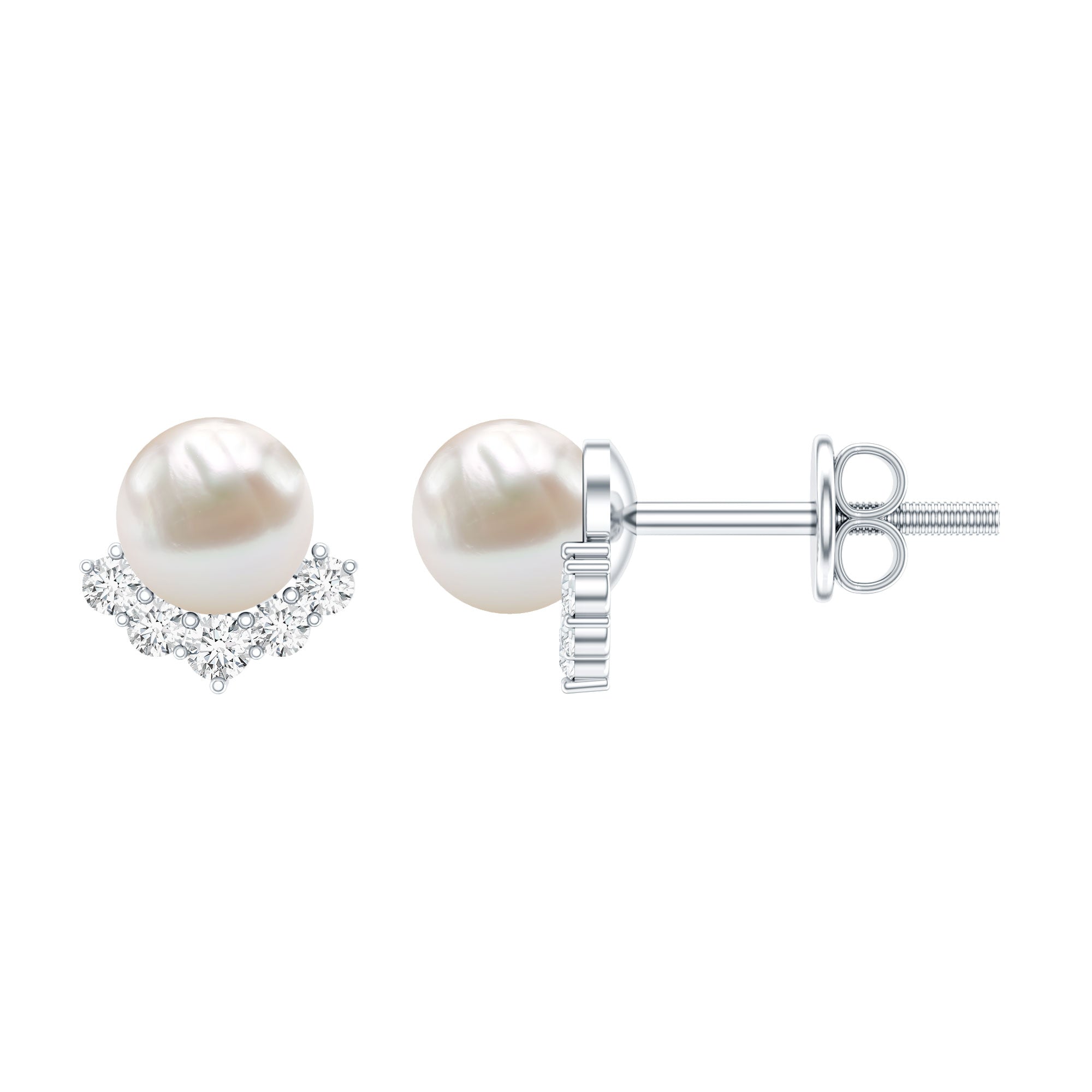 Modern Stud Earrings with Freshwater Pearl and Diamond AAA - Rosec Jewels