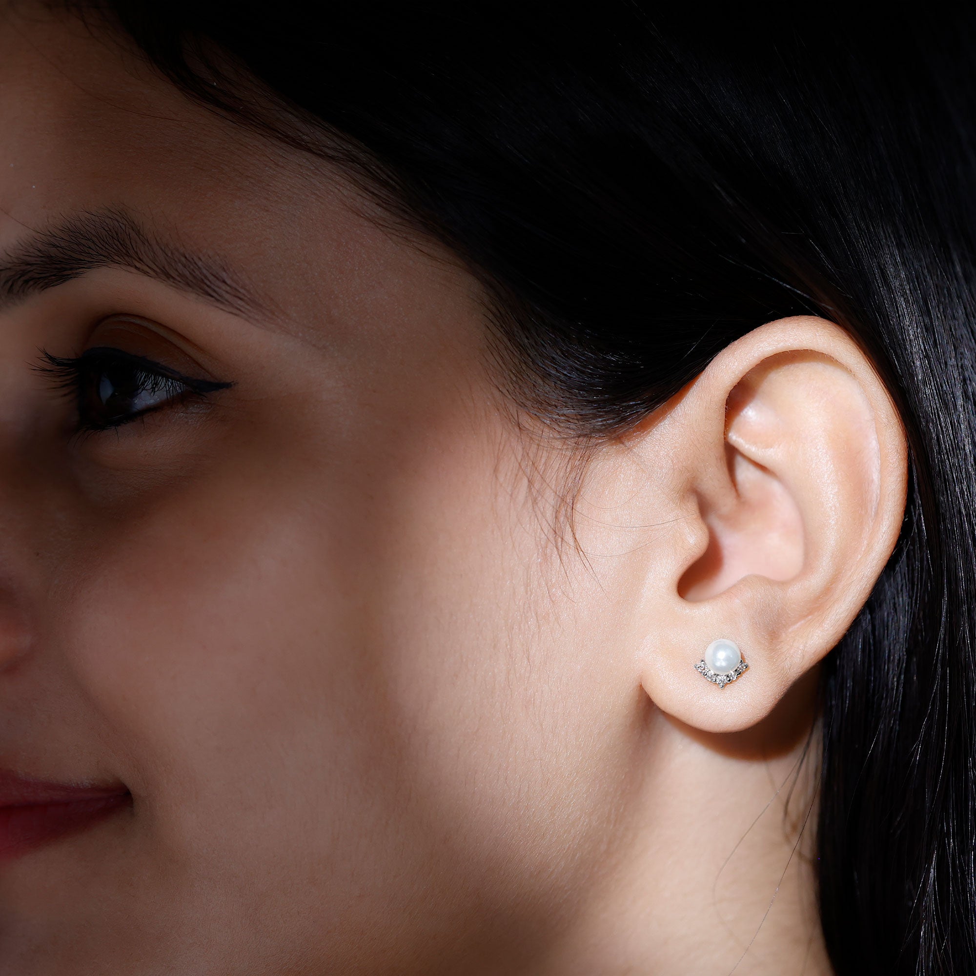 Modern Stud Earrings with Freshwater Pearl and Diamond AAA - Rosec Jewels