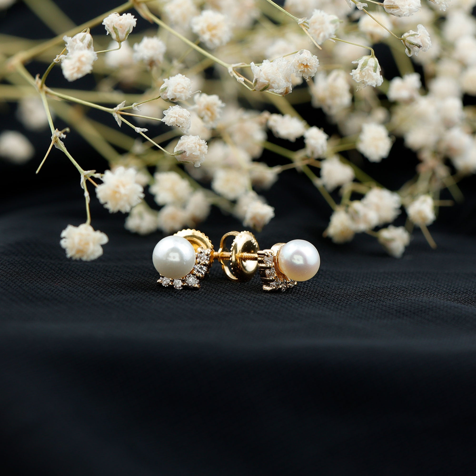 Modern Stud Earrings with Freshwater Pearl and Diamond AAA - Rosec Jewels