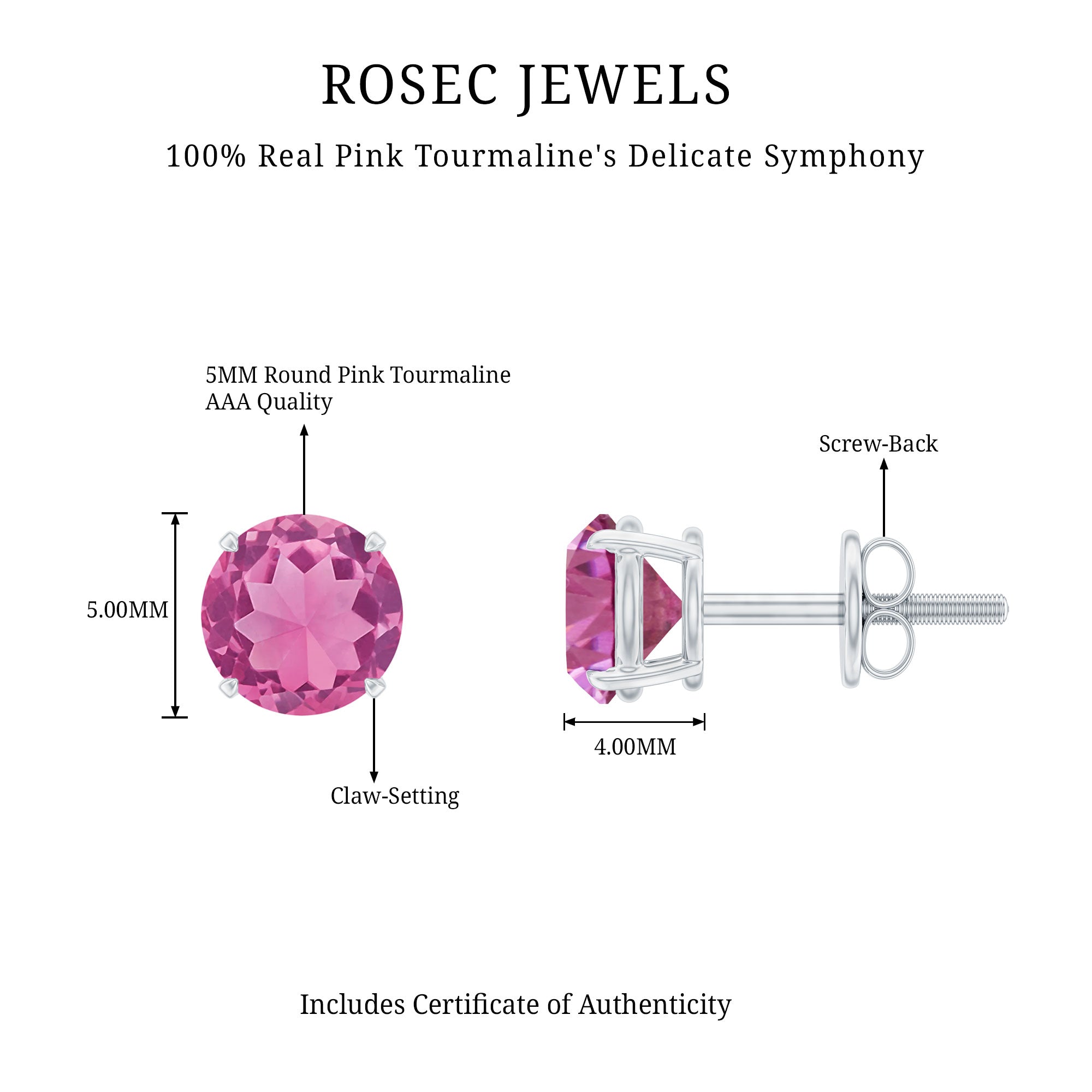 Round Shape Pink Tourmaline Stud Earrings for Women AAA - Rosec Jewels