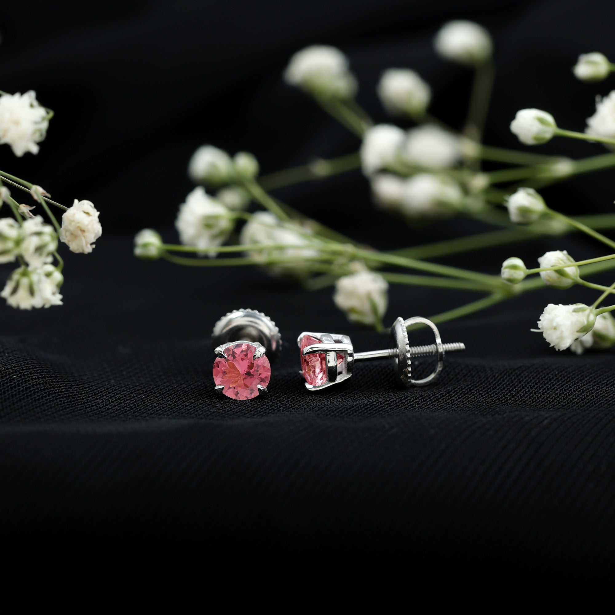 Round Shape Pink Tourmaline Stud Earrings for Women AAA - Rosec Jewels