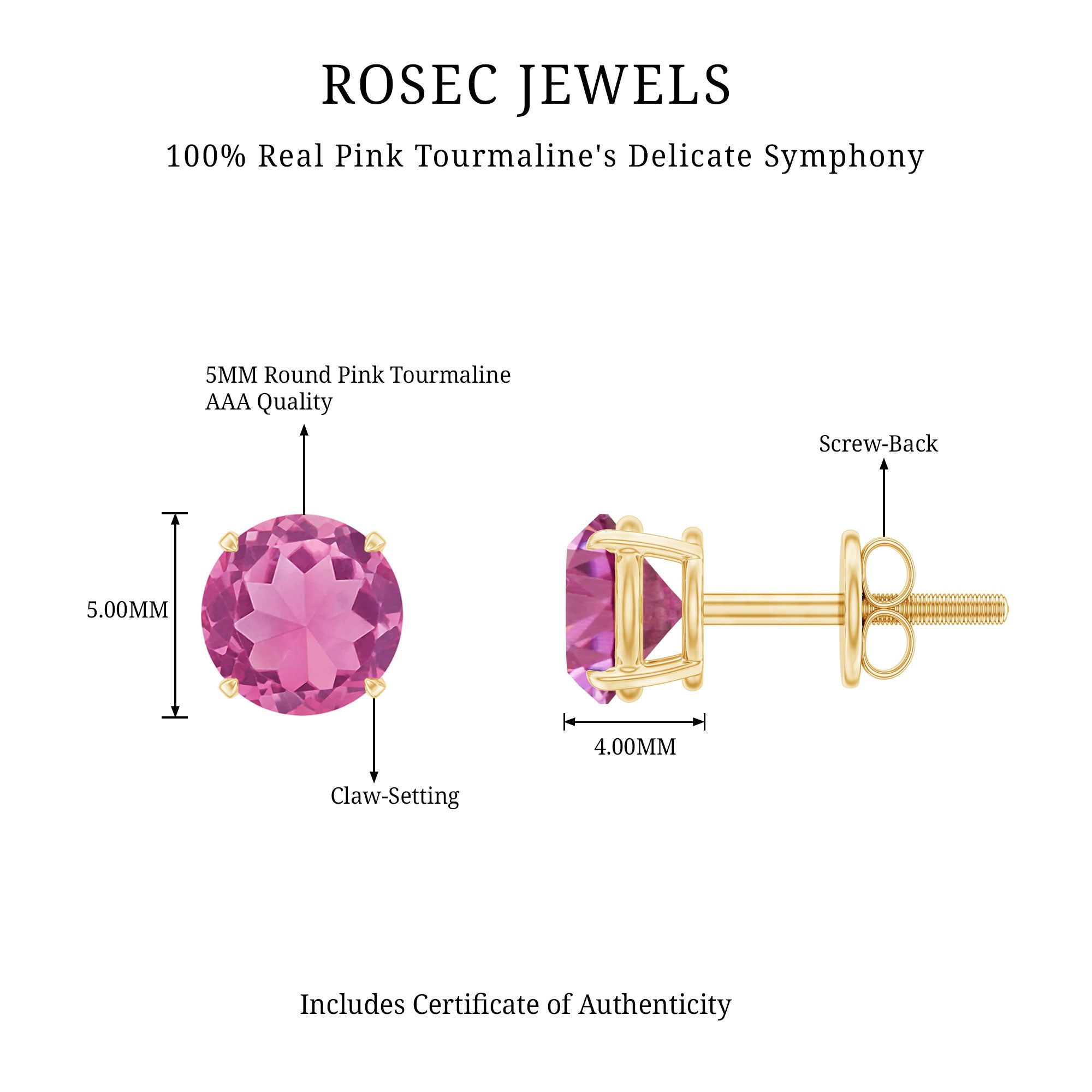 Round Shape Pink Tourmaline Stud Earrings for Women AAA - Rosec Jewels