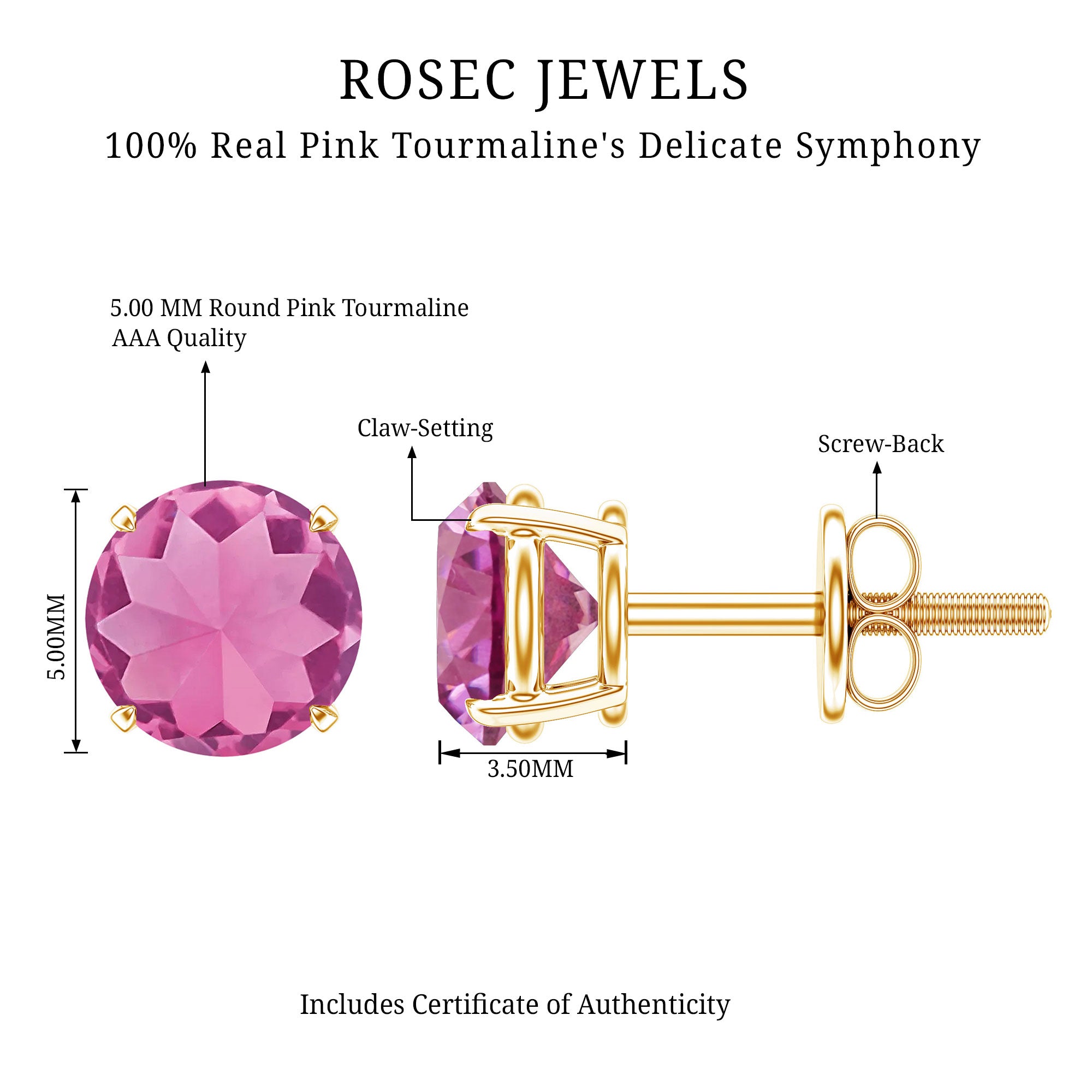 Round Shape Pink Tourmaline Stud Earrings for Women AAA - Rosec Jewels