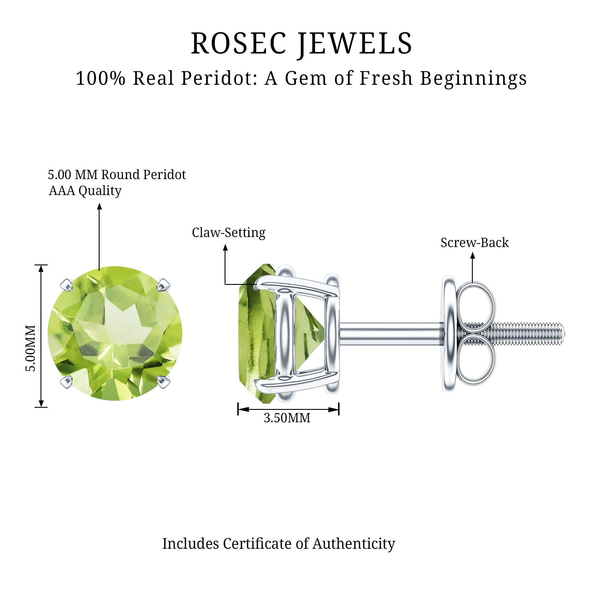 Natural 1 Carat Peridot Stud Earrings with Screw Back AAA - Rosec Jewels